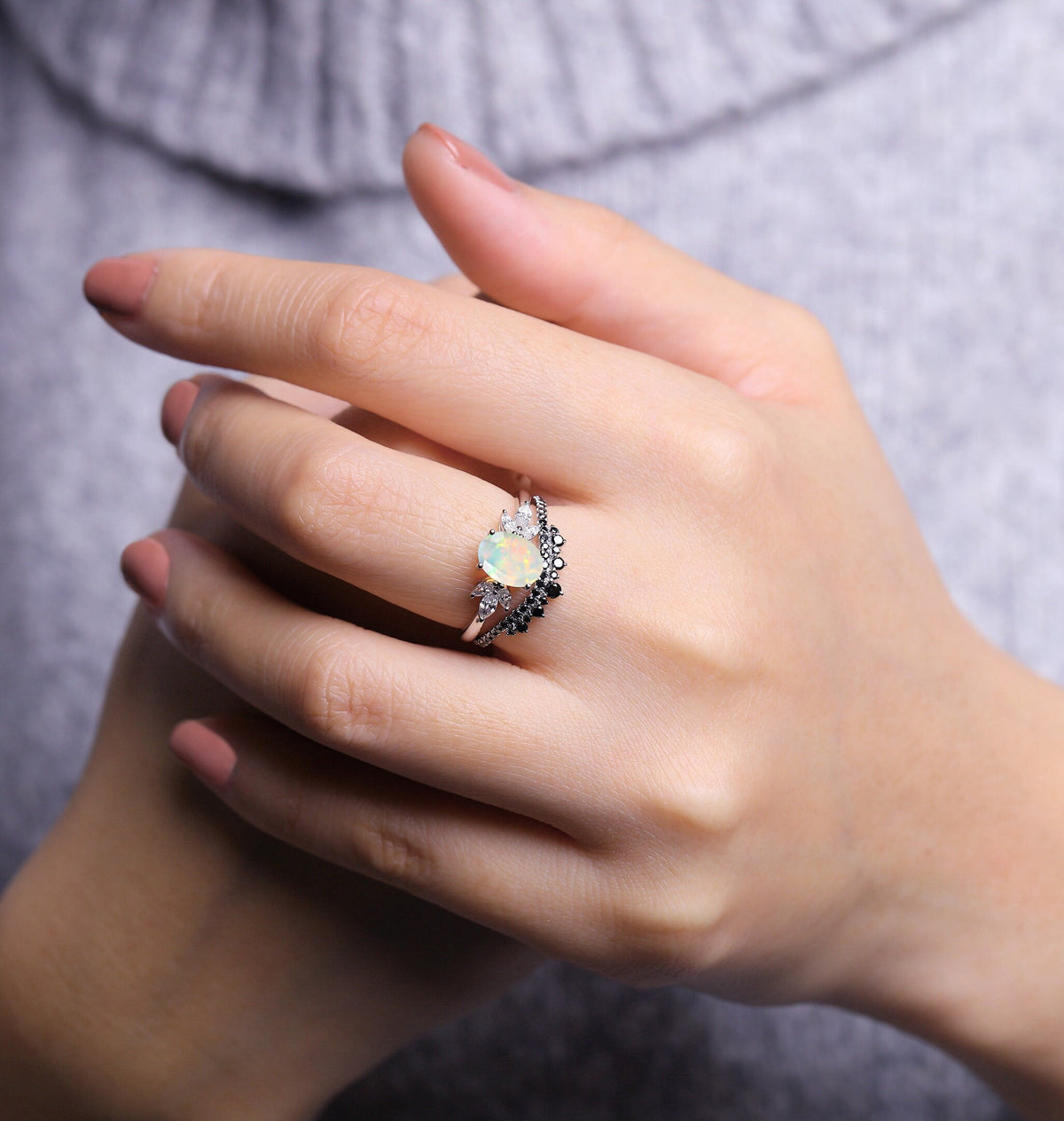 Faceted Opal Engagement Ring White Gold Women | Half Eternity Oval Bridal Set | Unique Black Diamond Wedding Set | Anniversary Gift for her