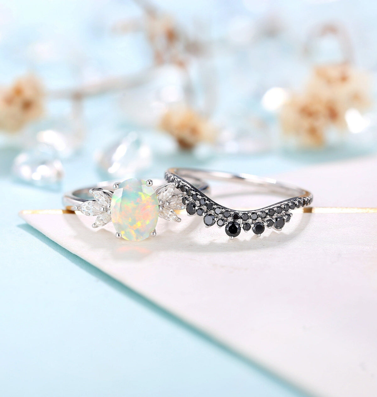 Faceted Opal Engagement Ring White Gold Women | Half Eternity Oval Bridal Set | Unique Black Diamond Wedding Set | Anniversary Gift for her