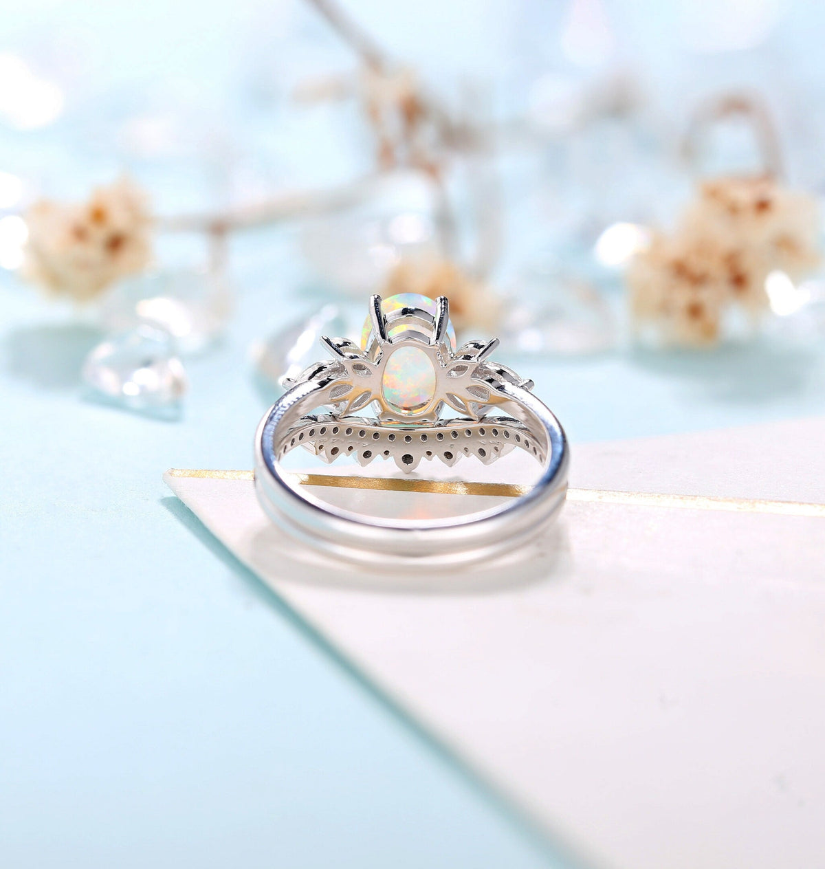 Faceted Opal Engagement Ring White Gold Women | Half Eternity Oval Bridal Set | Unique Black Diamond Wedding Set | Anniversary Gift for her
