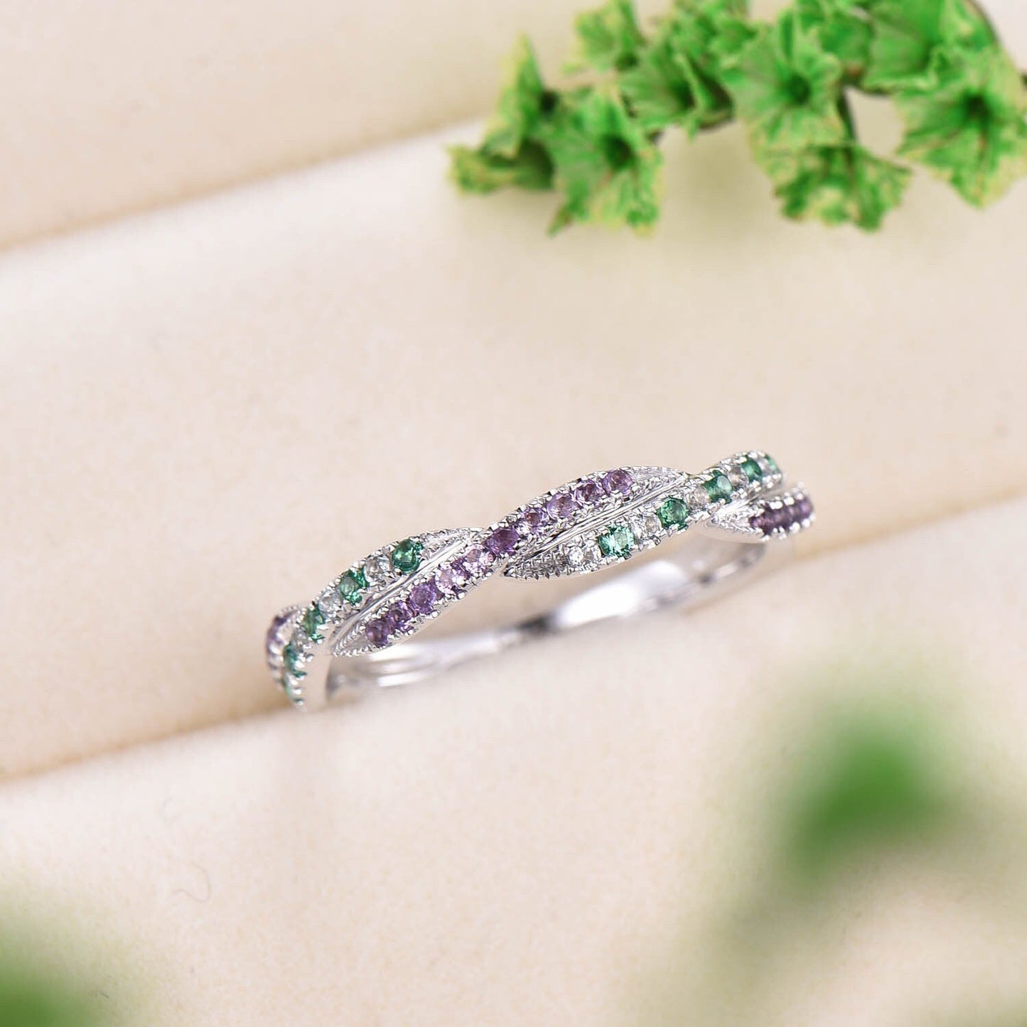 Natural emerald wedding ring amethyst ring aquamarine wedding band half eternity stacking matching band 14k white gold custom jewelry gift
