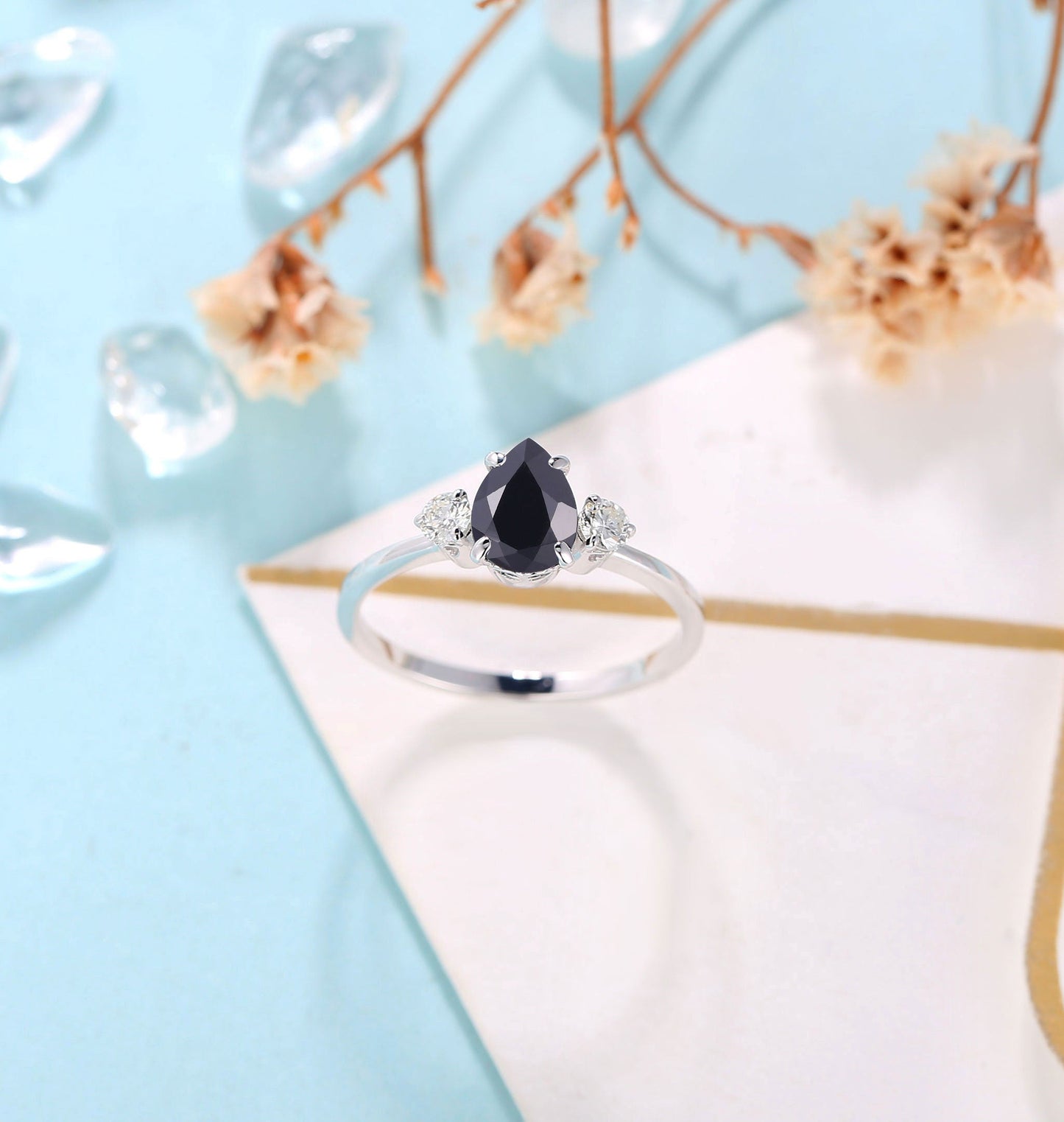 Black Onyx Engagement Ring pear shaped Women | Antique White gold Bridal Jewelry | Art deco Diamond Ring | Unique Anniversary Gift for Her