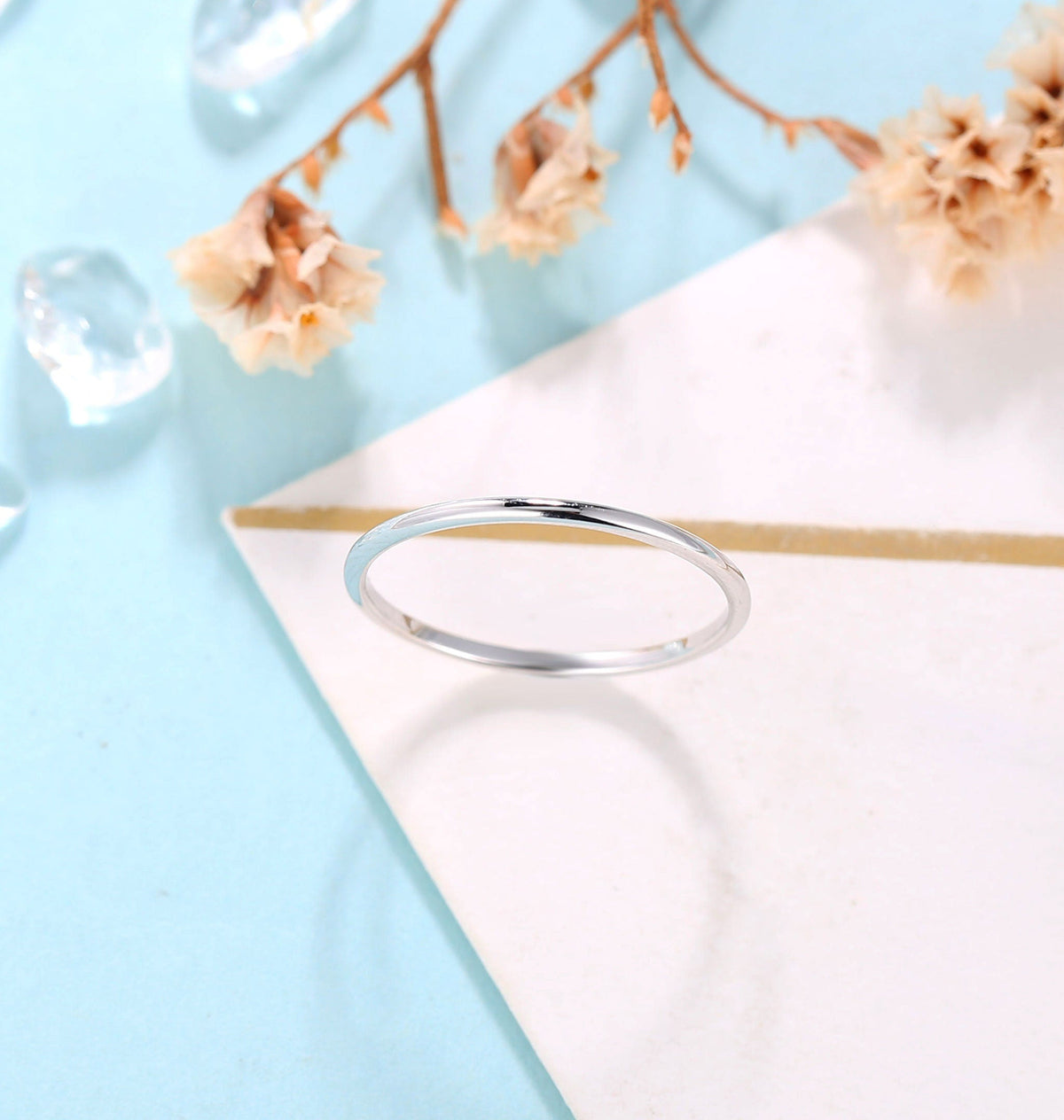Dainty White gold wedding band women | Vintage stacking matching bridal ring | unique thin jewelry | promise ring anniversary gift for her