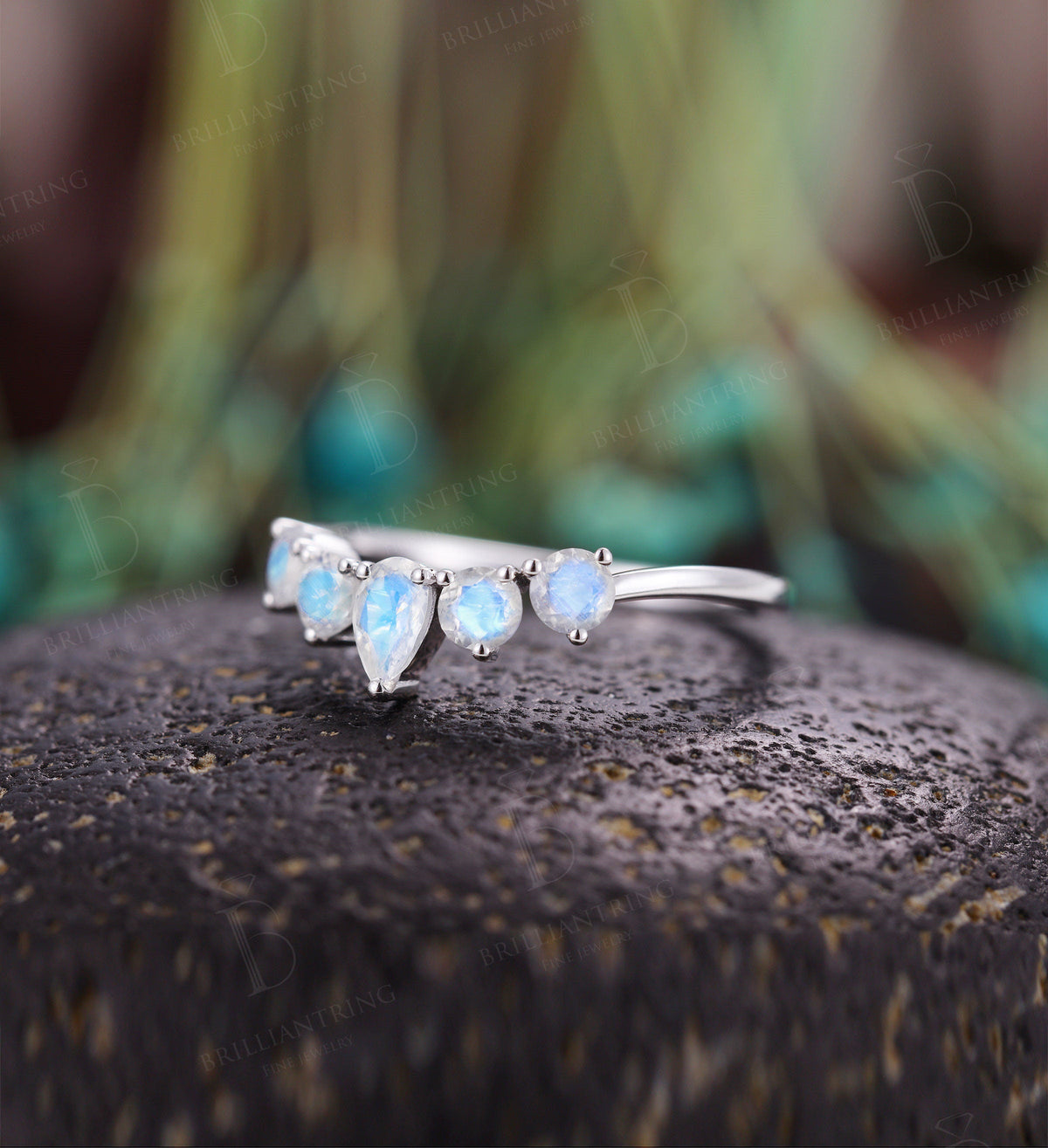 Moonstone Curved wedding band woman 14K white gold Solid Pear shaped Vintage Jewelry Antique Matching Promise Anniversary Gift for her