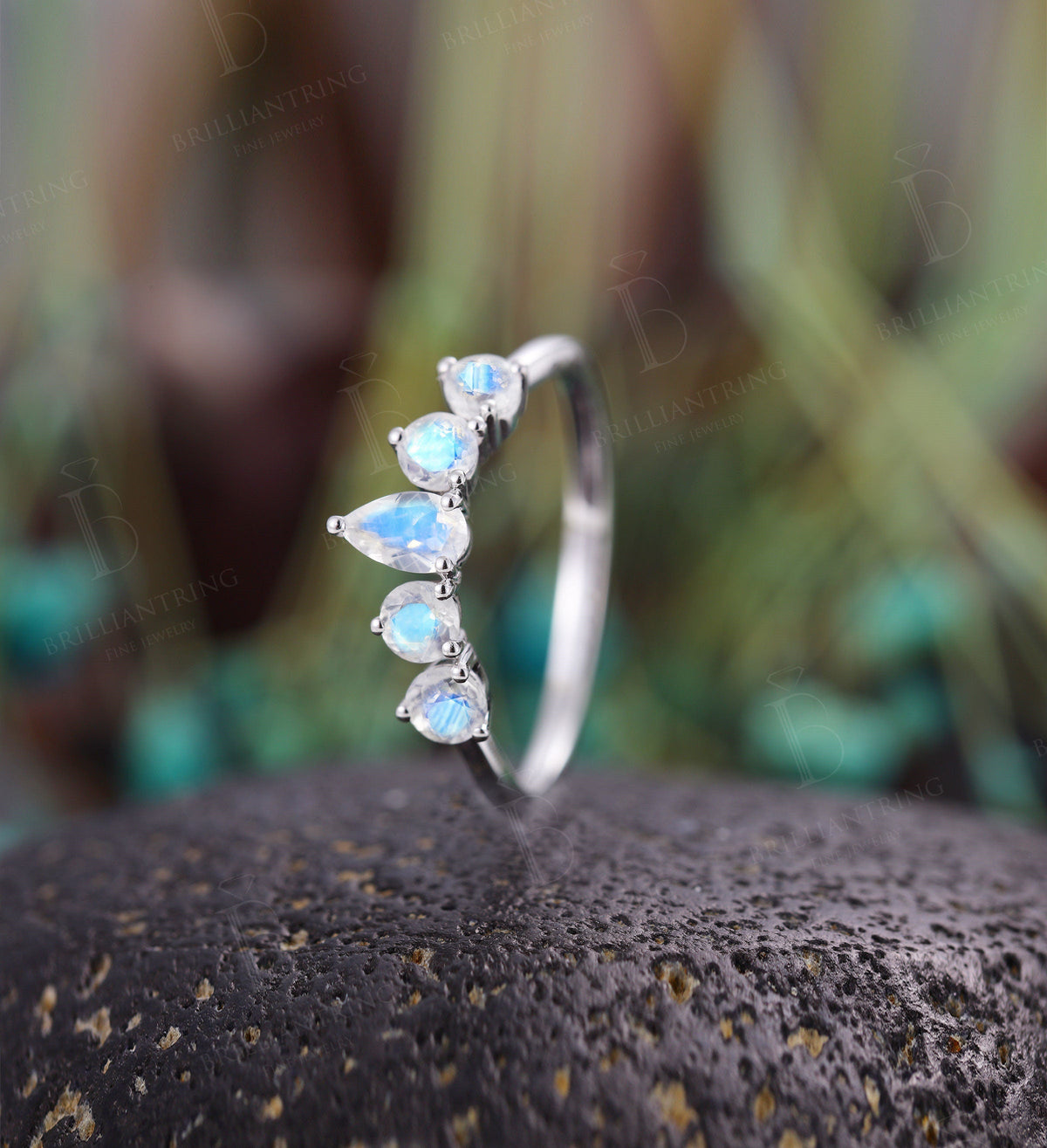 Moonstone Curved wedding band woman 14K white gold Solid Pear shaped Vintage Jewelry Antique Matching Promise Anniversary Gift for her
