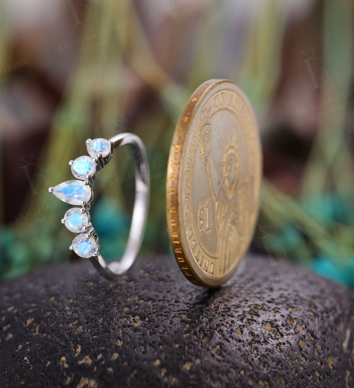 Moonstone Curved wedding band woman 14K white gold Solid Pear shaped Vintage Jewelry Antique Matching Promise Anniversary Gift for her