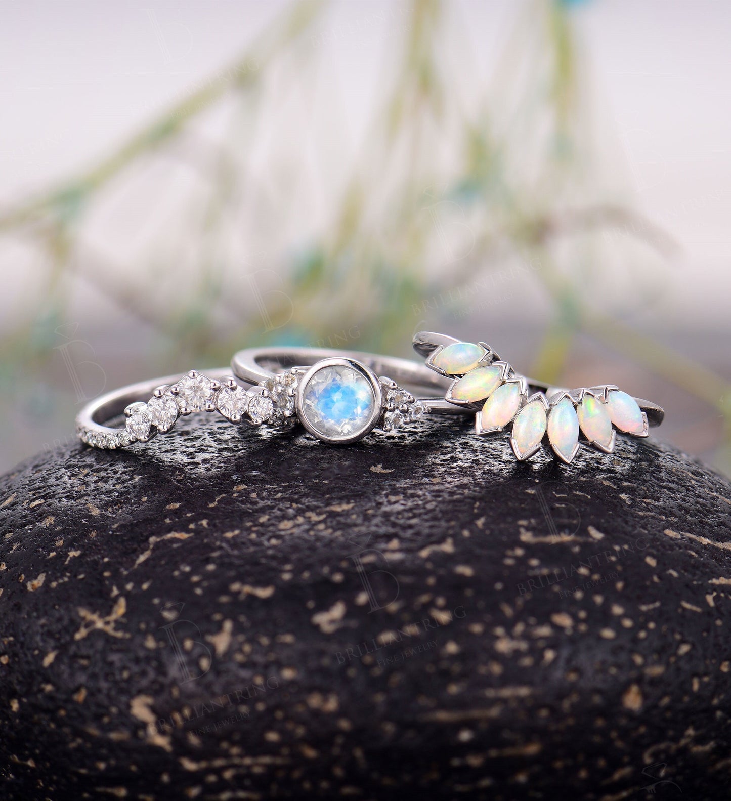 Art deco moonstone engagement ring Vintage Opal band moissanite curved wedding band white gold Unique moissanite wedding band Bridal set