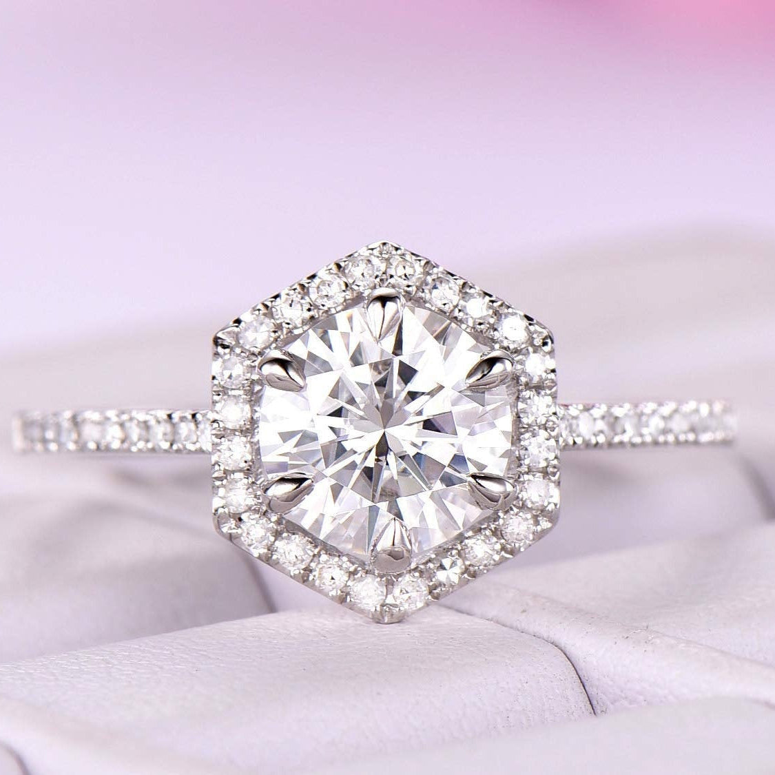 14k Gold Hexagon Halo Moissanite Engagement Ring