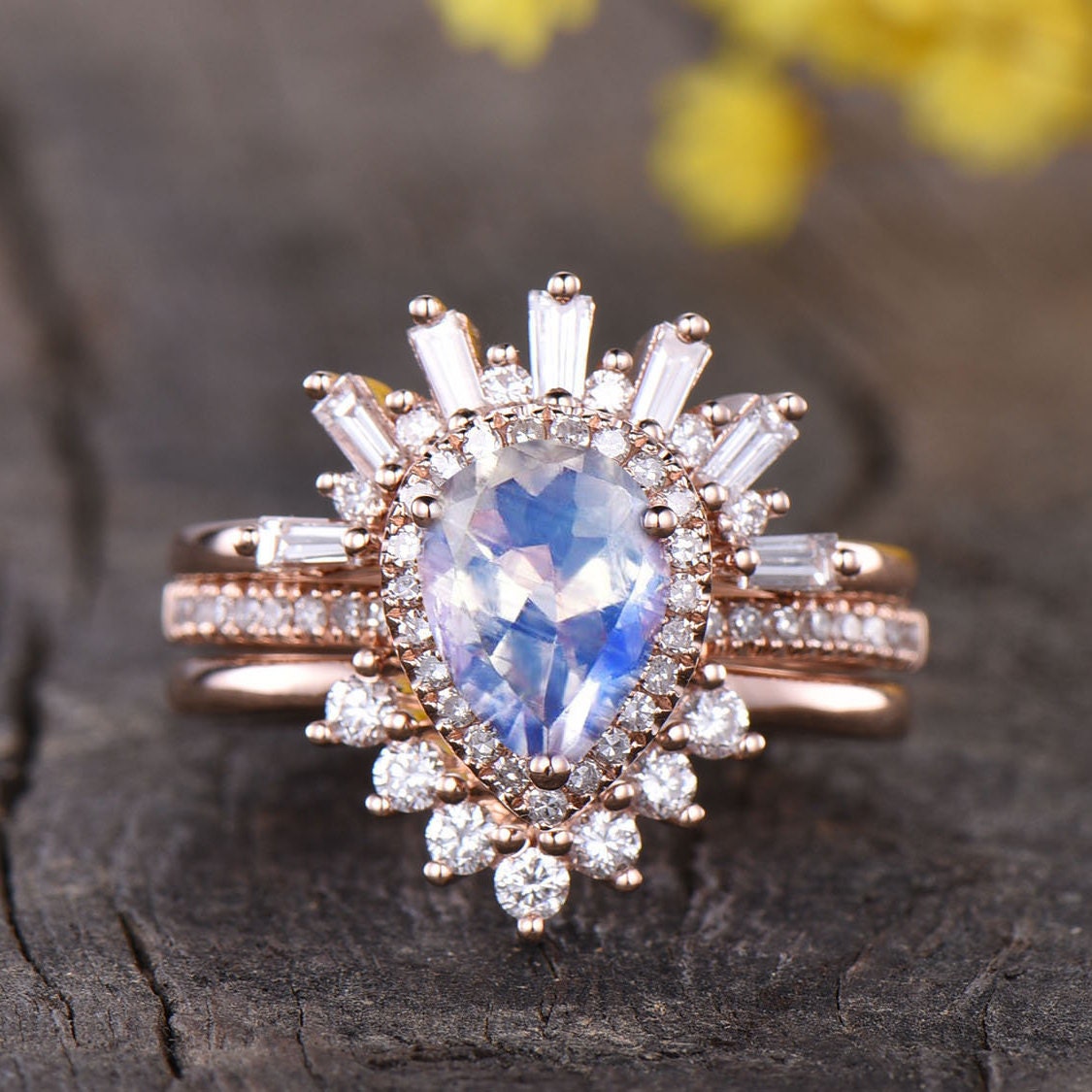 Art Deco Moonstone Engagement Ring Set, Rose Gold Antique Style