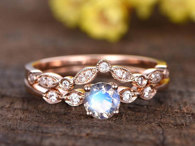 Rainbow Moonstone Ring, Art Deco 14K Rose Gold, Diamond Solitaire