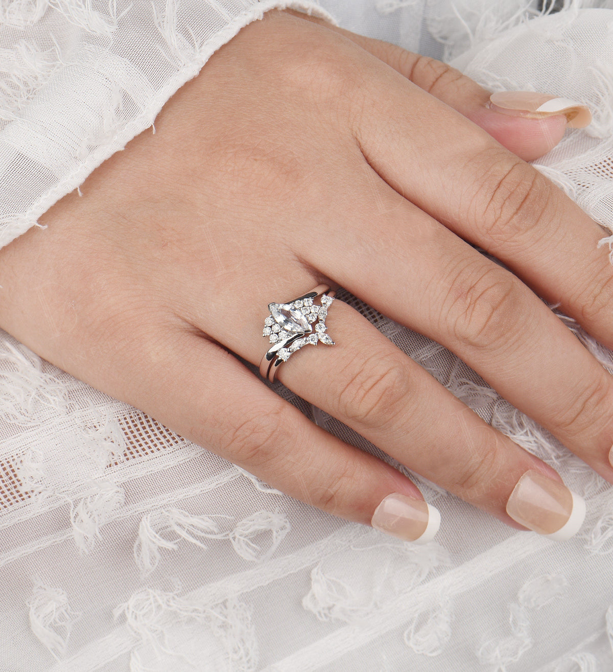 Marquise white sapphire engagement ring set vintage white gold cluster Antique moissanite  unique Wedding  set Anniversary wedding ring
