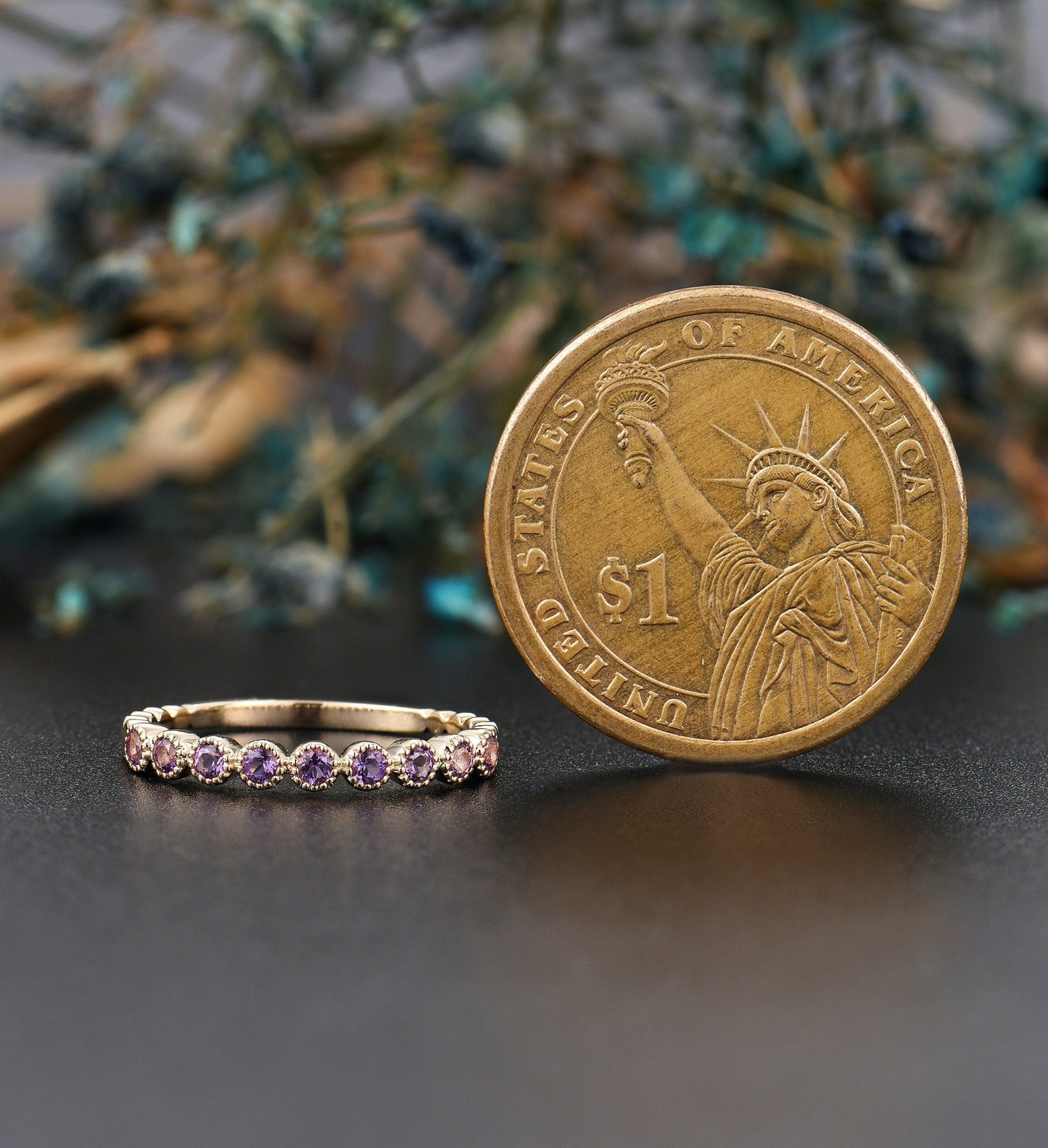 Amethyst wedding band  Unique 14k yellow gold half eternity Antique Stacking ring Vintage ring Bridal Jewelry Anniversary rings for women