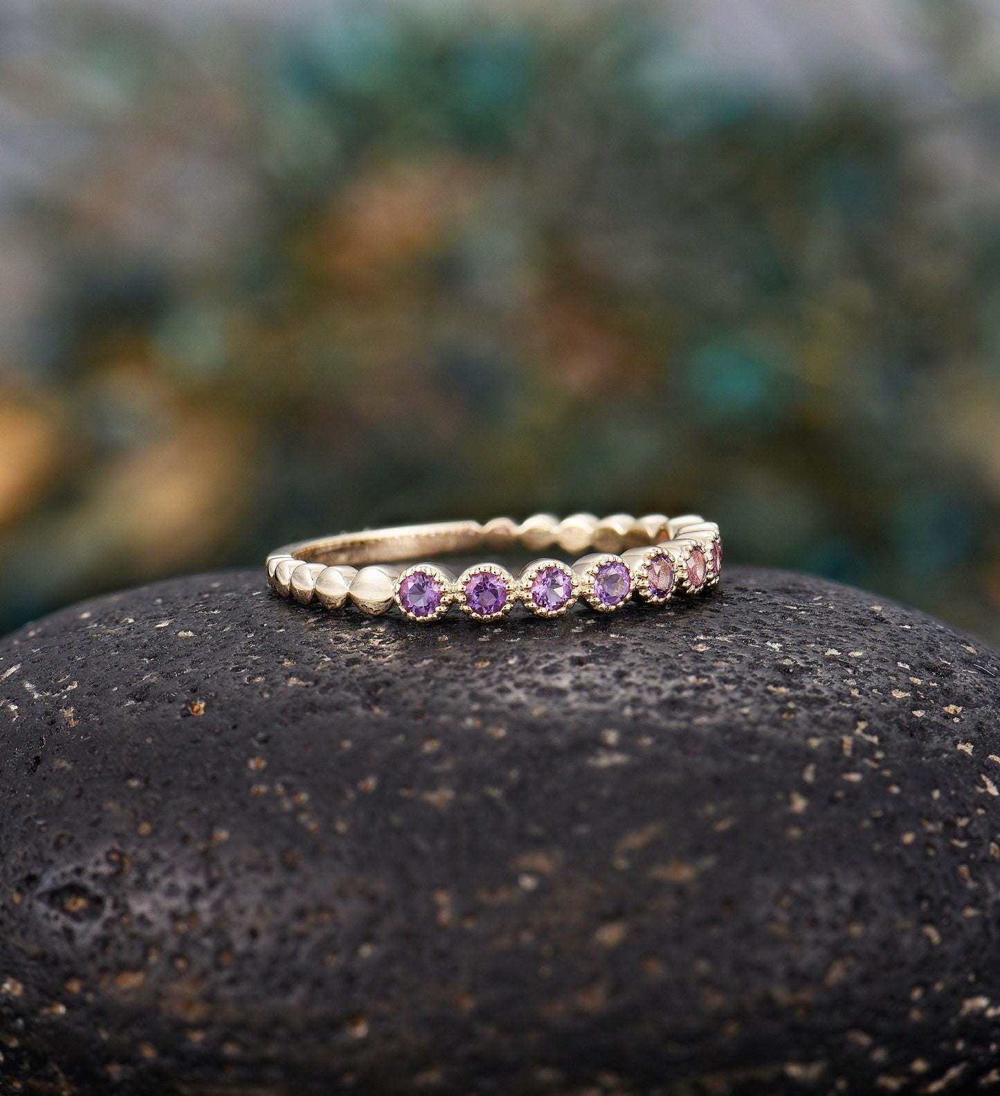 Amethyst wedding band  Unique 14k yellow gold half eternity Antique Stacking ring Vintage ring Bridal Jewelry Anniversary rings for women