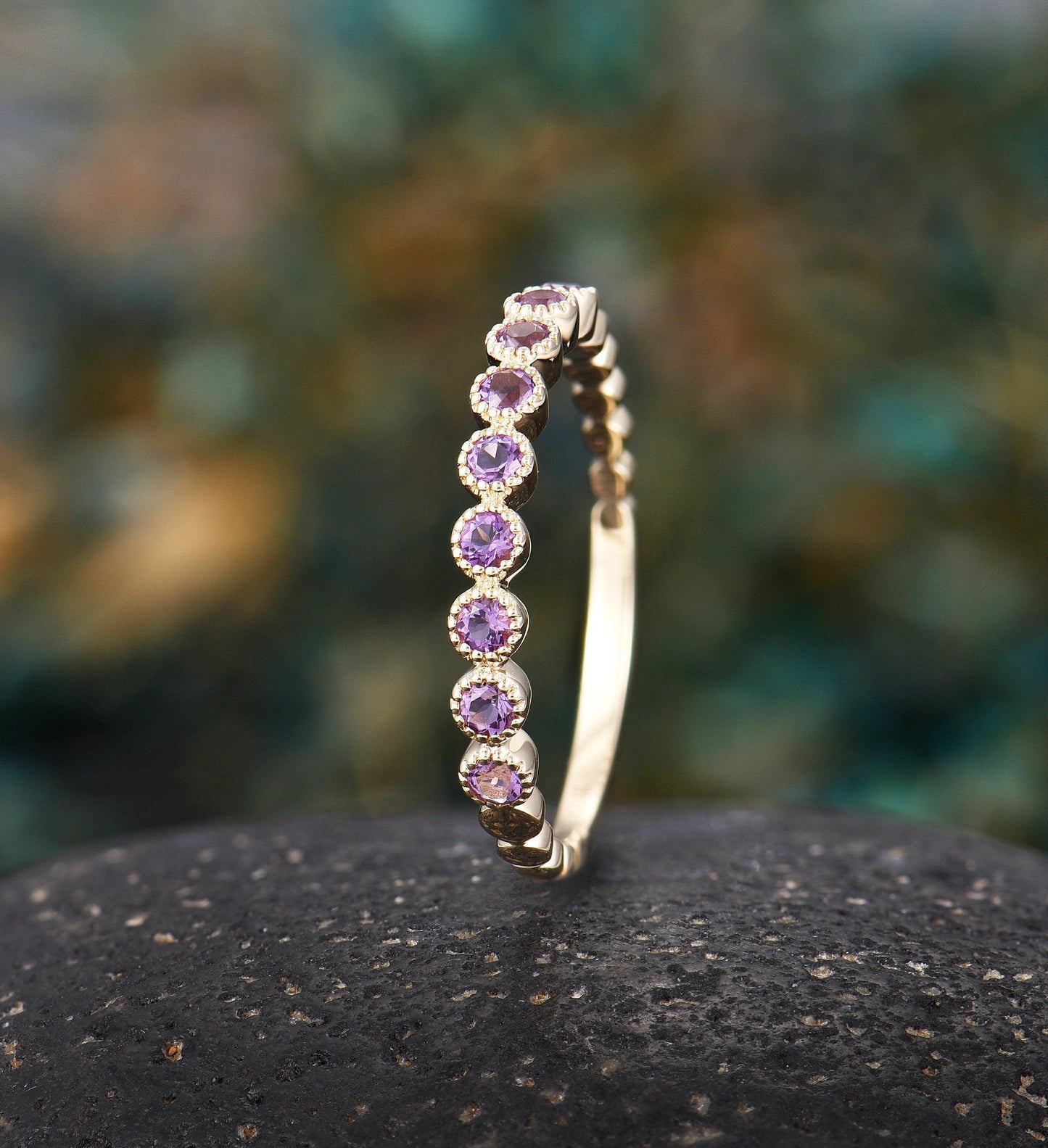 Amethyst wedding band  Unique 14k yellow gold half eternity Antique Stacking ring Vintage ring Bridal Jewelry Anniversary rings for women