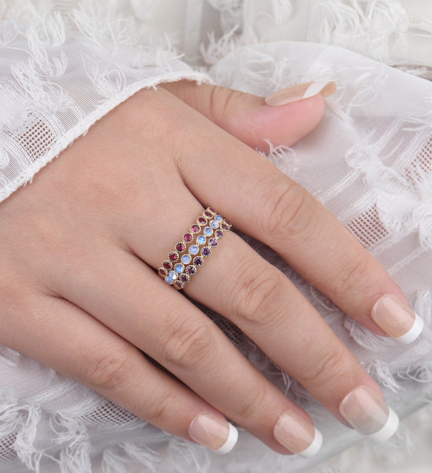 Amethyst/Ruby/Moonstone wedding band set Unique yellow gold half eternity Antique Stacking rings Vintage ring Bridal set Anniversary rings