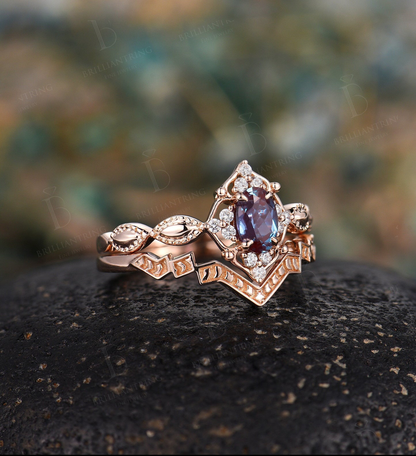 Alexandrite engagement ring set vintage rose gold oval cut Antique Delicate diamond milgrain ring Anniversary wedding ring