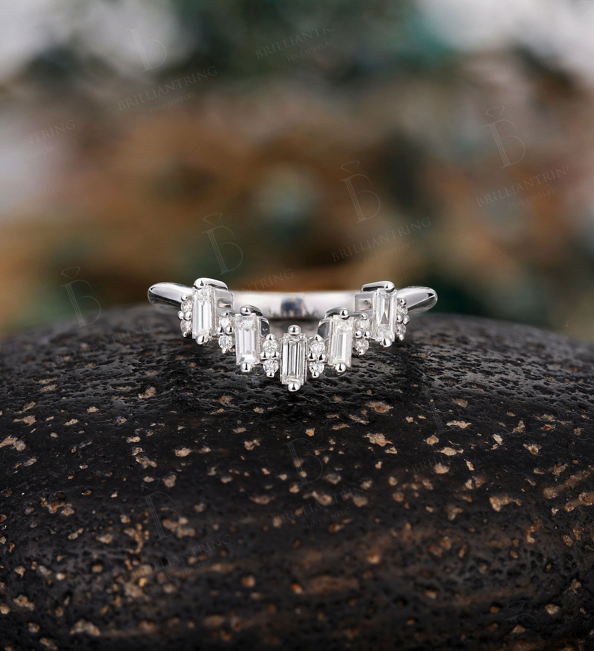 Baguette Diamond Curved wedding band 14k white gold Cluster Vintage ring Antique Solid Arc Matching band promise Anniversary ring