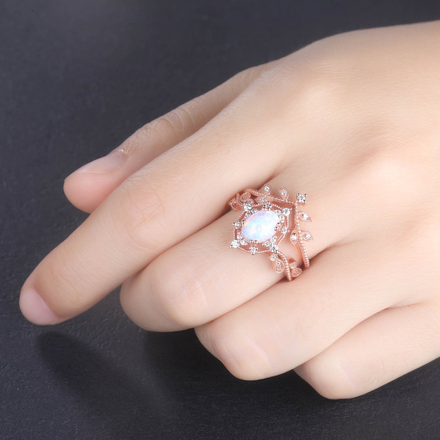 Opal Ring White Fire Opal Engagement Ring Set Diamond Bridal Set Vintage Style Art Deco Milgrain Diamond Eternity Band 6x8mm Oval Cut Opal
