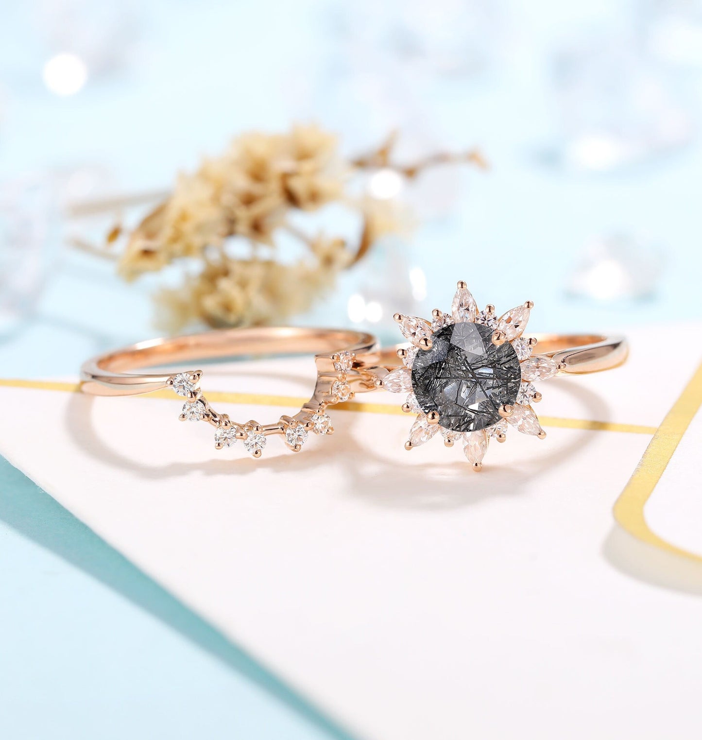 Black Rutilated Quartz Engagement Ring Women | Rose Gold Band Women | Floral bridal set | Moissanite wedding set | Vintage Anniversary gift