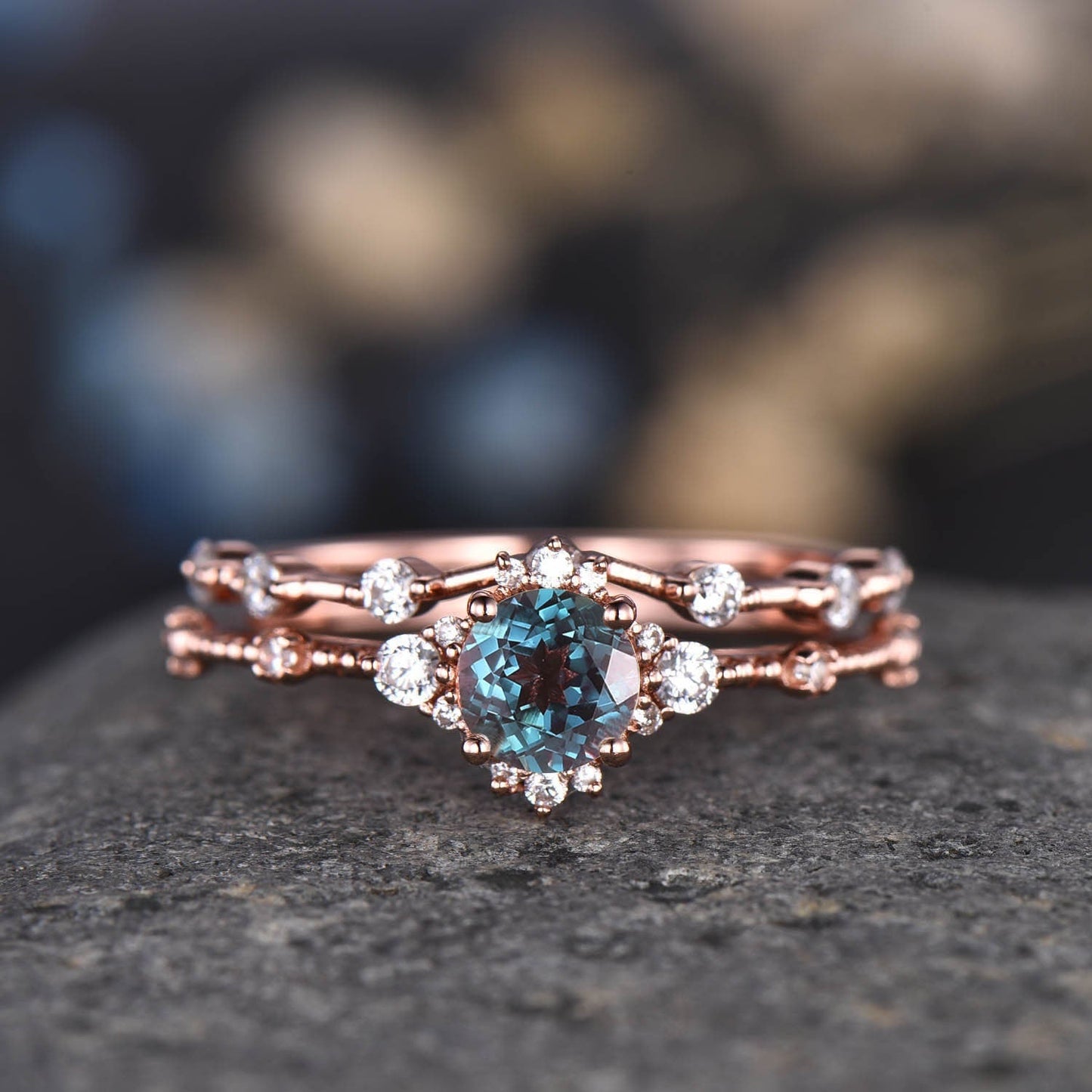 Morganite Engagement Ring Set Vintage Wedding Rings Women 14K Rose Gold Diamond Moissanite Stacking Matching Band Anniversary Gift