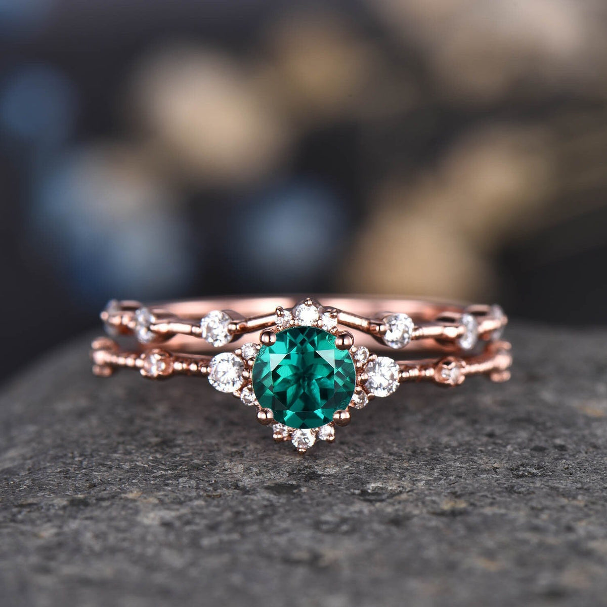 Morganite Engagement Ring Set Vintage Wedding Rings Women 14K Rose Gold Diamond Moissanite Stacking Matching Band Anniversary Gift