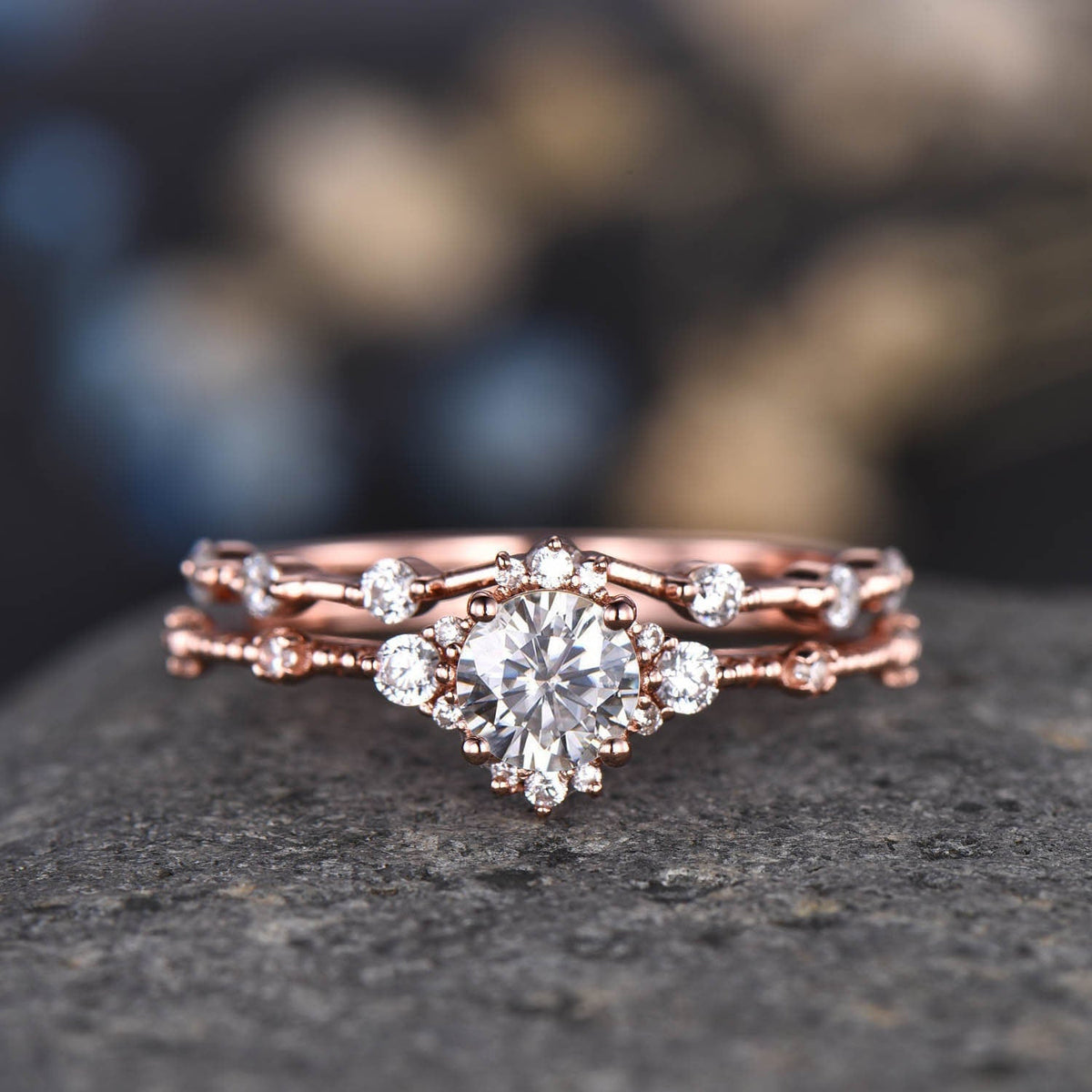 Rose Gold Moissanite Ring Set Moissanite Engagement Ring Women Diamond Moissanite Wedding Band Half Eternity Ring Minimalist Bridal Jewelry