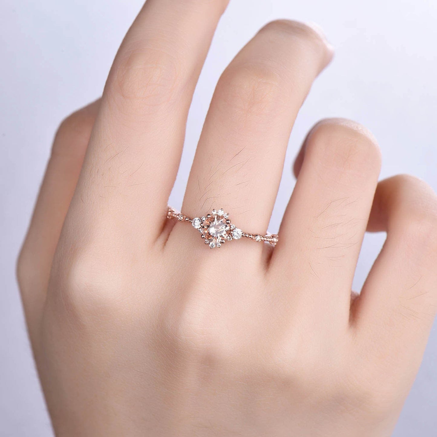 Morganite Engagement Ring Set Vintage Wedding Rings Women 14K Rose Gold Diamond Moissanite Stacking Matching Band Anniversary Gift