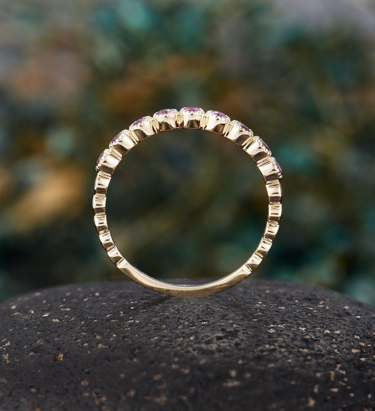 Amethyst wedding band  Unique 14k yellow gold half eternity Antique Stacking ring Vintage ring Bridal Jewelry Anniversary rings for women