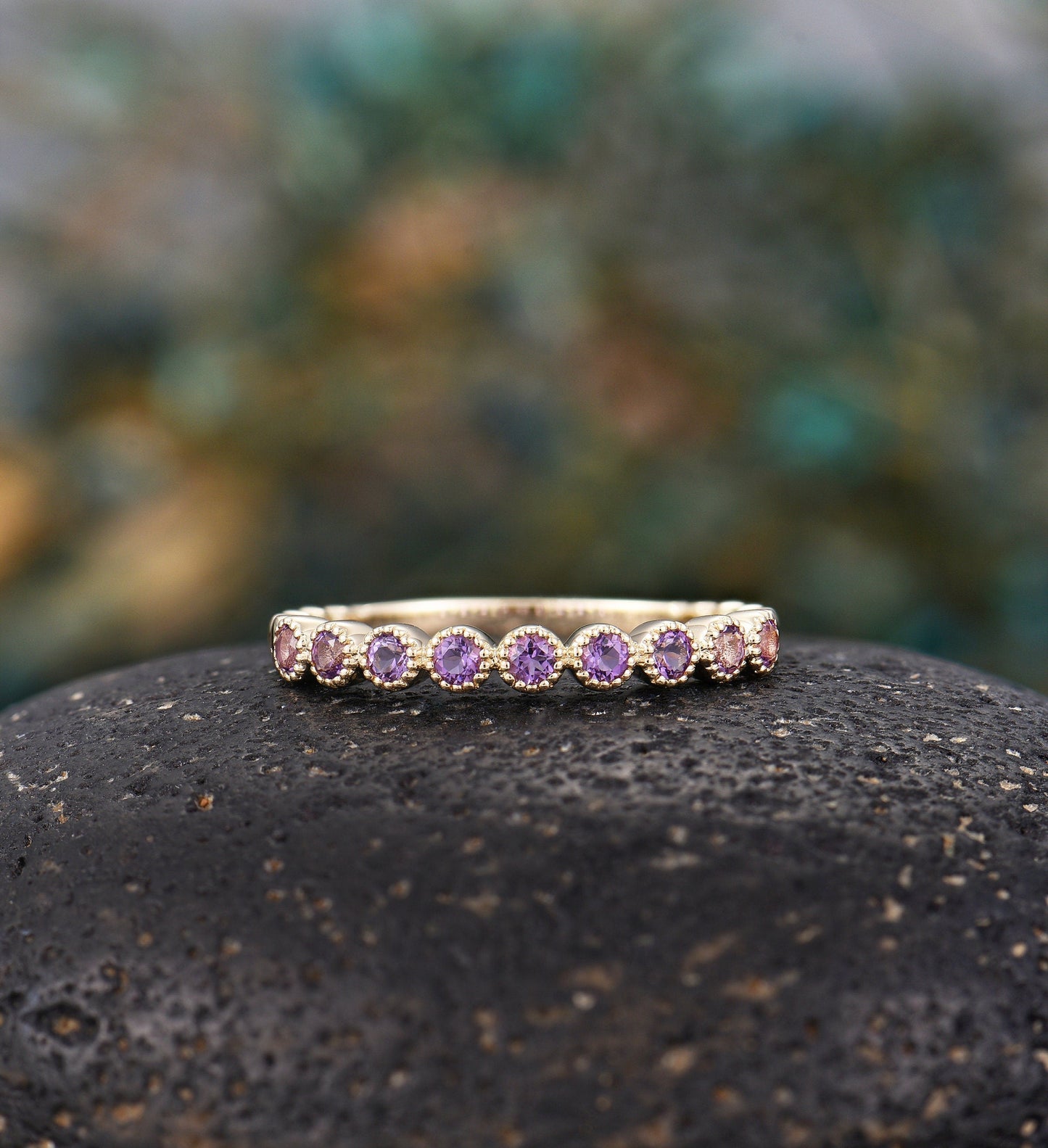 Amethyst wedding band  Unique 14k yellow gold half eternity Antique Stacking ring Vintage ring Bridal Jewelry Anniversary rings for women