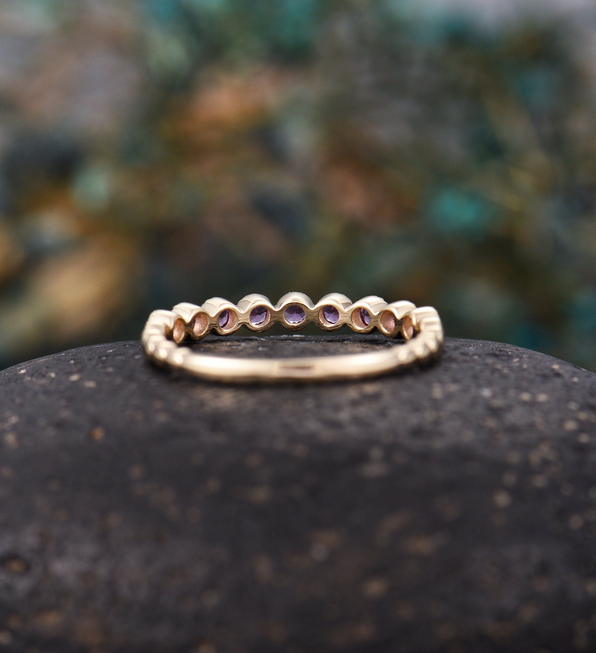 Amethyst wedding band  Unique 14k yellow gold half eternity Antique Stacking ring Vintage ring Bridal Jewelry Anniversary rings for women