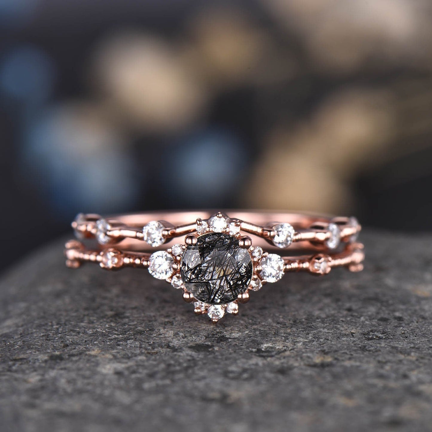 Morganite Engagement Ring Set Vintage Wedding Rings Women 14K Rose Gold Diamond Moissanite Stacking Matching Band Anniversary Gift