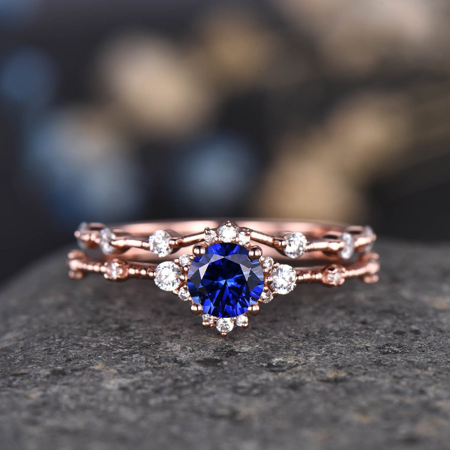 Morganite Engagement Ring Set Vintage Wedding Rings Women 14K Rose Gold Diamond Moissanite Stacking Matching Band Anniversary Gift