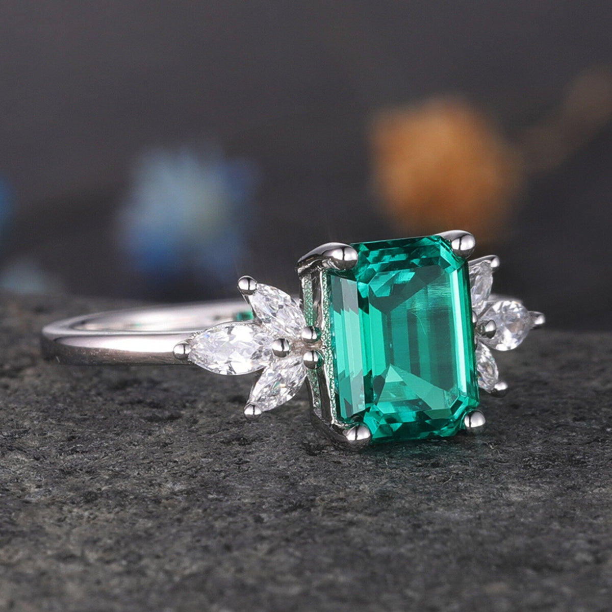Emerald ring women moissanite engagement ring white gold art deco wedding band floral vintage bridal jewelry May birthstone anniversary gift