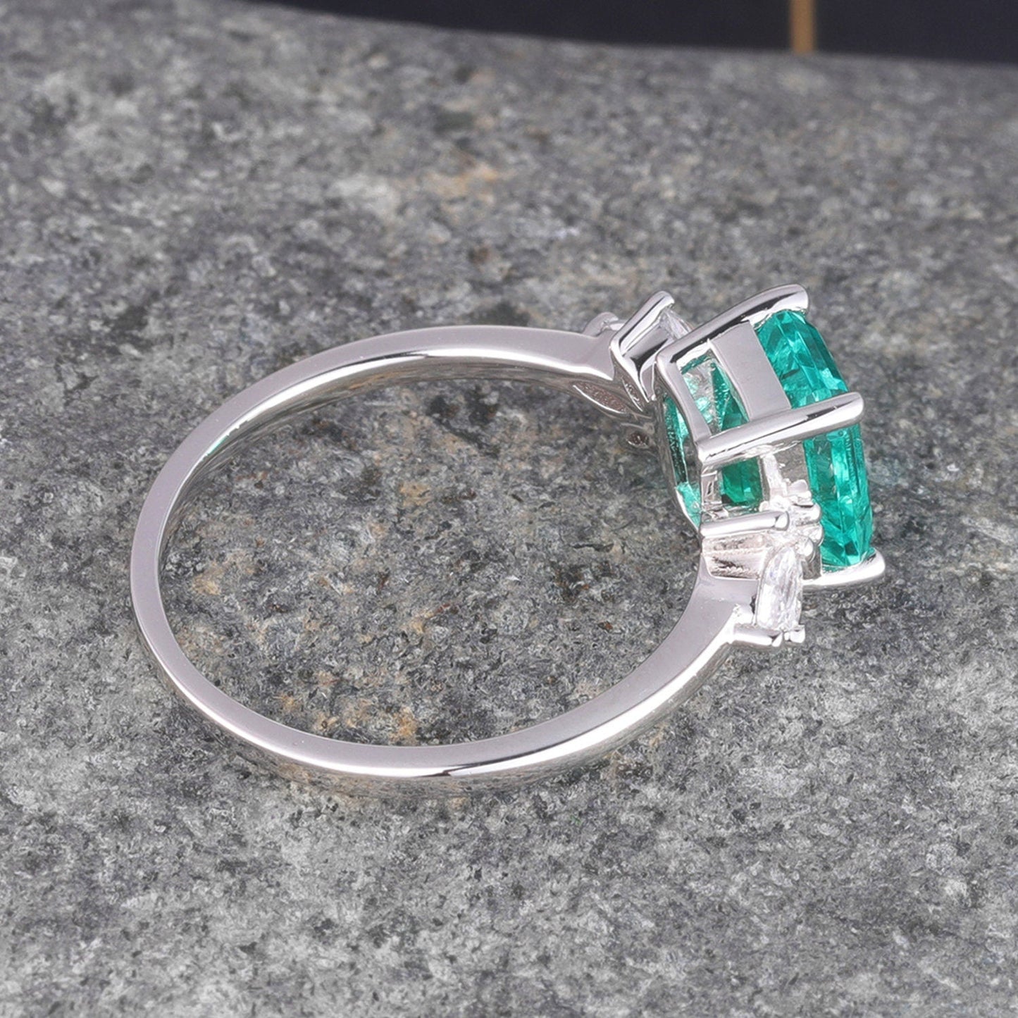 Emerald ring women moissanite engagement ring white gold art deco wedding band floral vintage bridal jewelry May birthstone anniversary gift