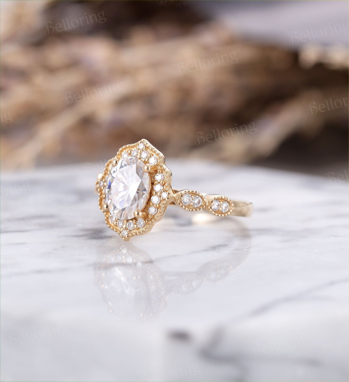Moissanite engagement ring  oval cut vintage yellow gold halo art deco Wedding Jewelry promise Anniversary wedding ring