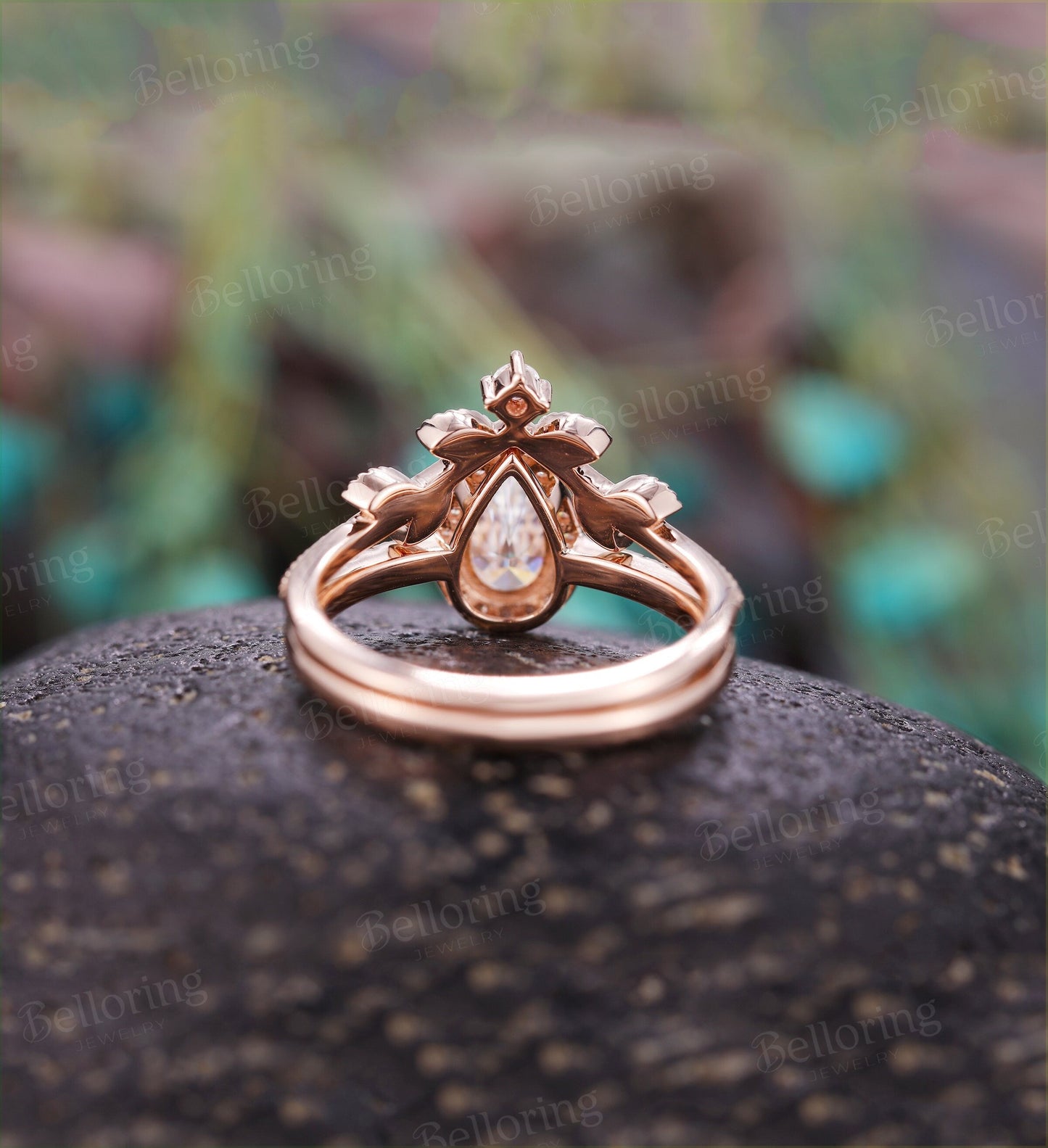 Moissanite engagement ring set vintage rose gold Pear cut Antique Halo diamond Half eternity Wedding  Jewelry Anniversary wedding ring