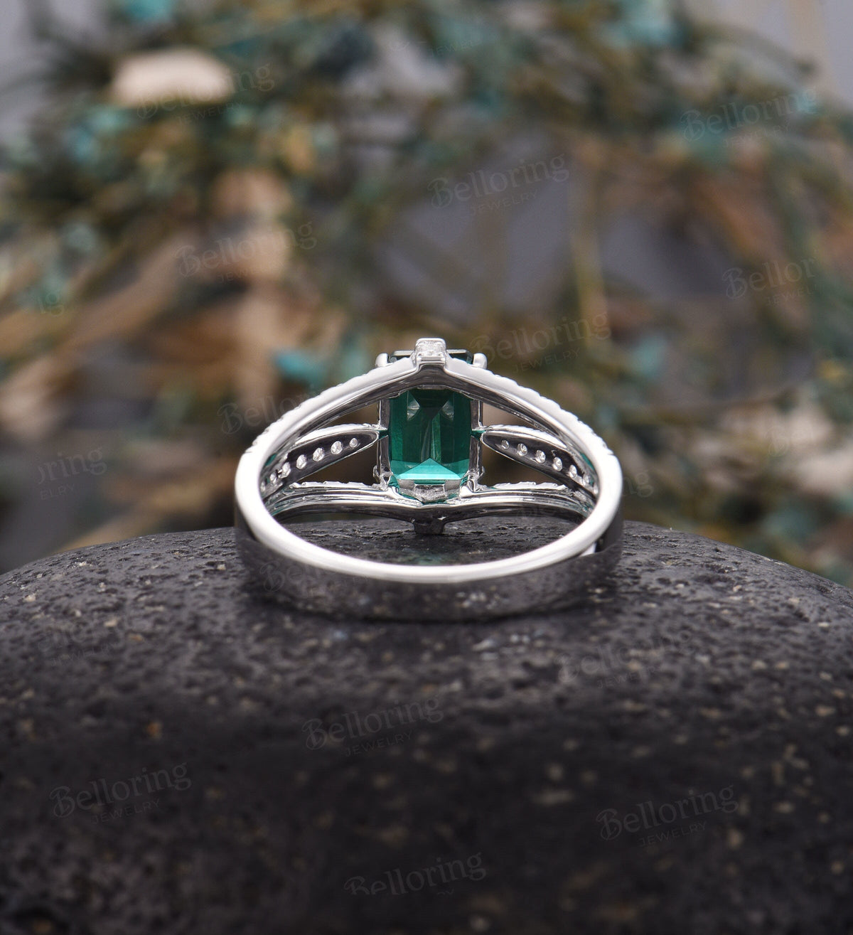 Emerald engagement ring rose gold Emerald cut vintage Halo moissanite Half eternity Wedding  Bridal Jewelry Anniversary wedding ring