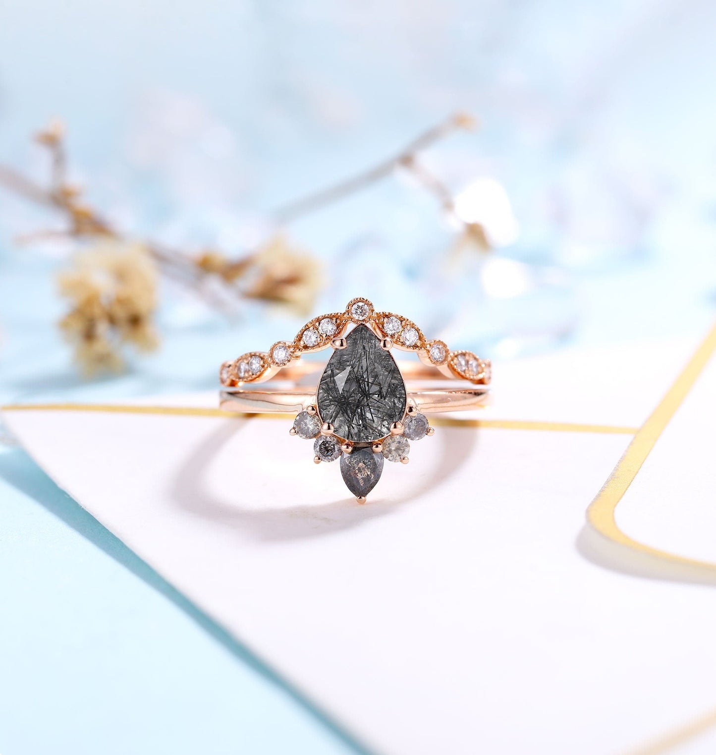 Black Rutilated Quartz  Engagement Ring set Women Rose Gold | Pear shaped Bridal Set | Salt and Pepper Diamond Wedding Set |Anniversary ring
