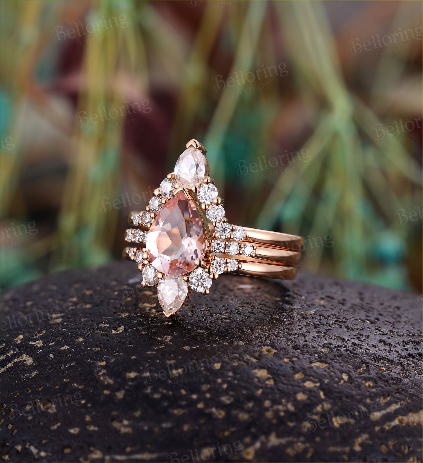 Morganite engagement ring set 14k rose gold pear shaped vintage Moissanite crown Wedding band  unique promise Anniversary wedding ring