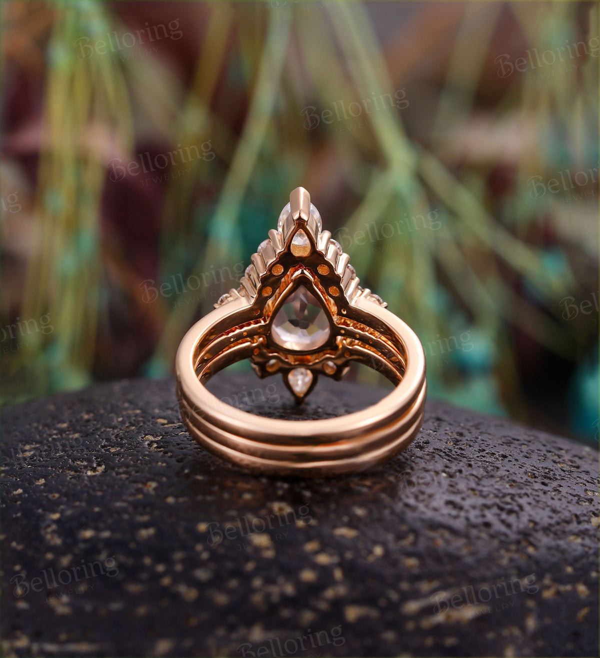 Morganite engagement ring set 14k rose gold pear shaped vintage Moissanite crown Wedding band  unique promise Anniversary wedding ring