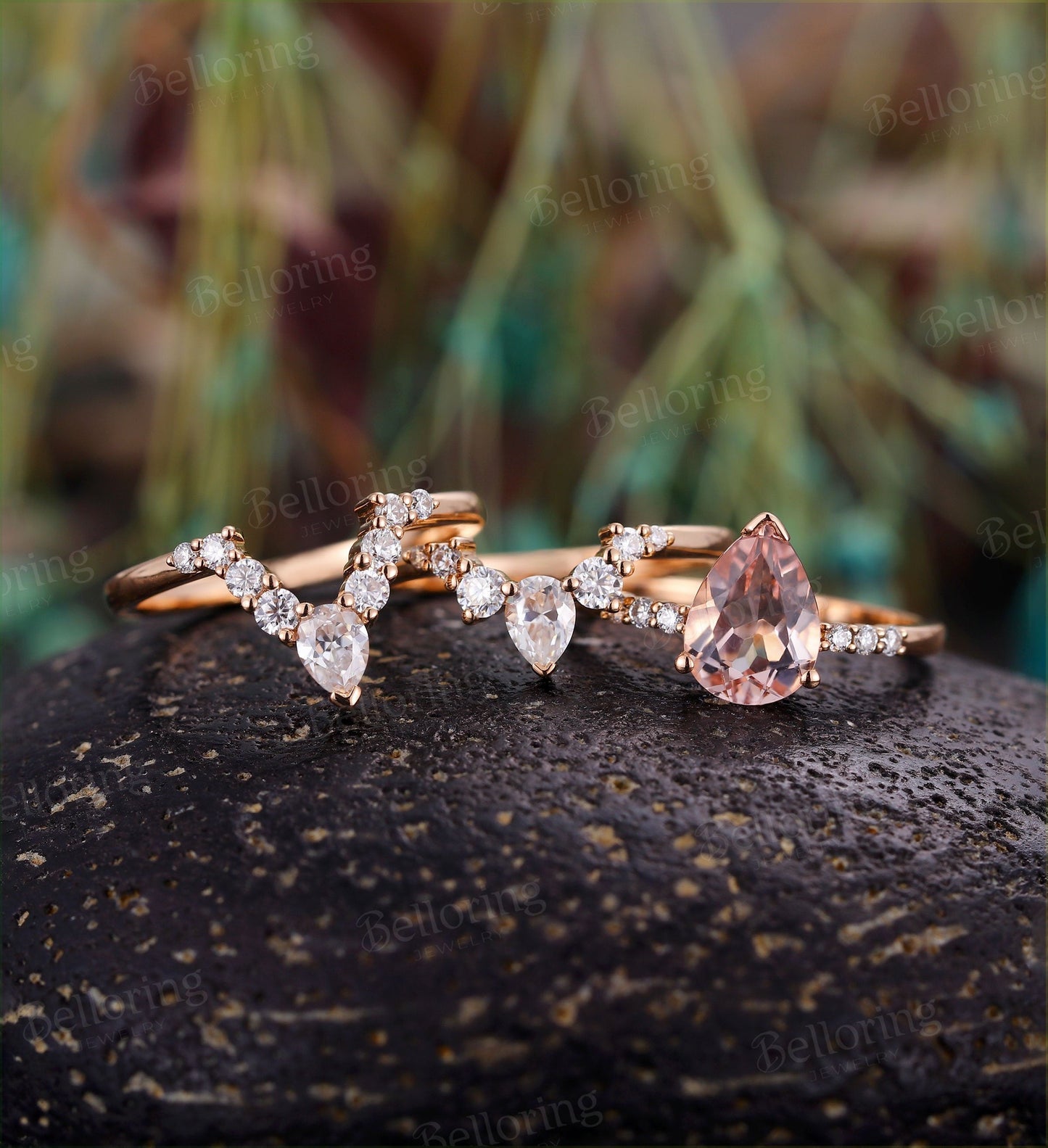 Morganite engagement ring set 14k rose gold pear shaped vintage Moissanite crown Wedding band  unique promise Anniversary wedding ring