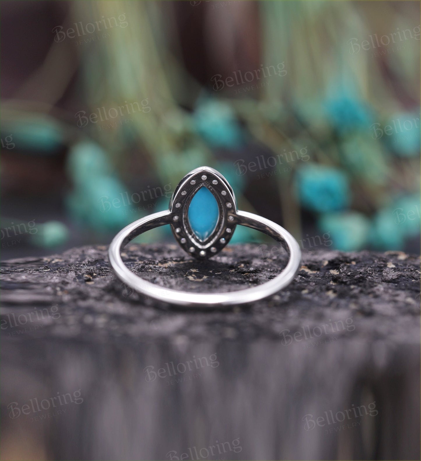 Marquise shaped turquoise engagement ring set vintage white gold halo diamond unique art deco  Antique Promise anniversary wedding ring