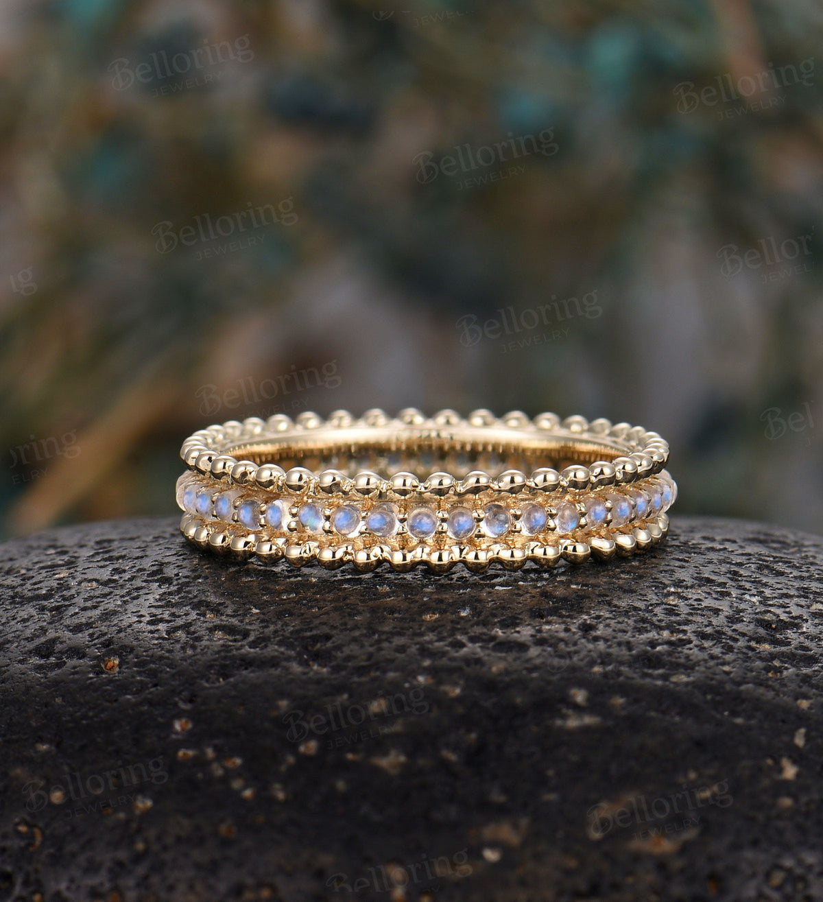 Moonstone wedding band 14k yellow gold Unique full eternity Antique Stacking ring milgrain Bridal Jewelry Anniversary band