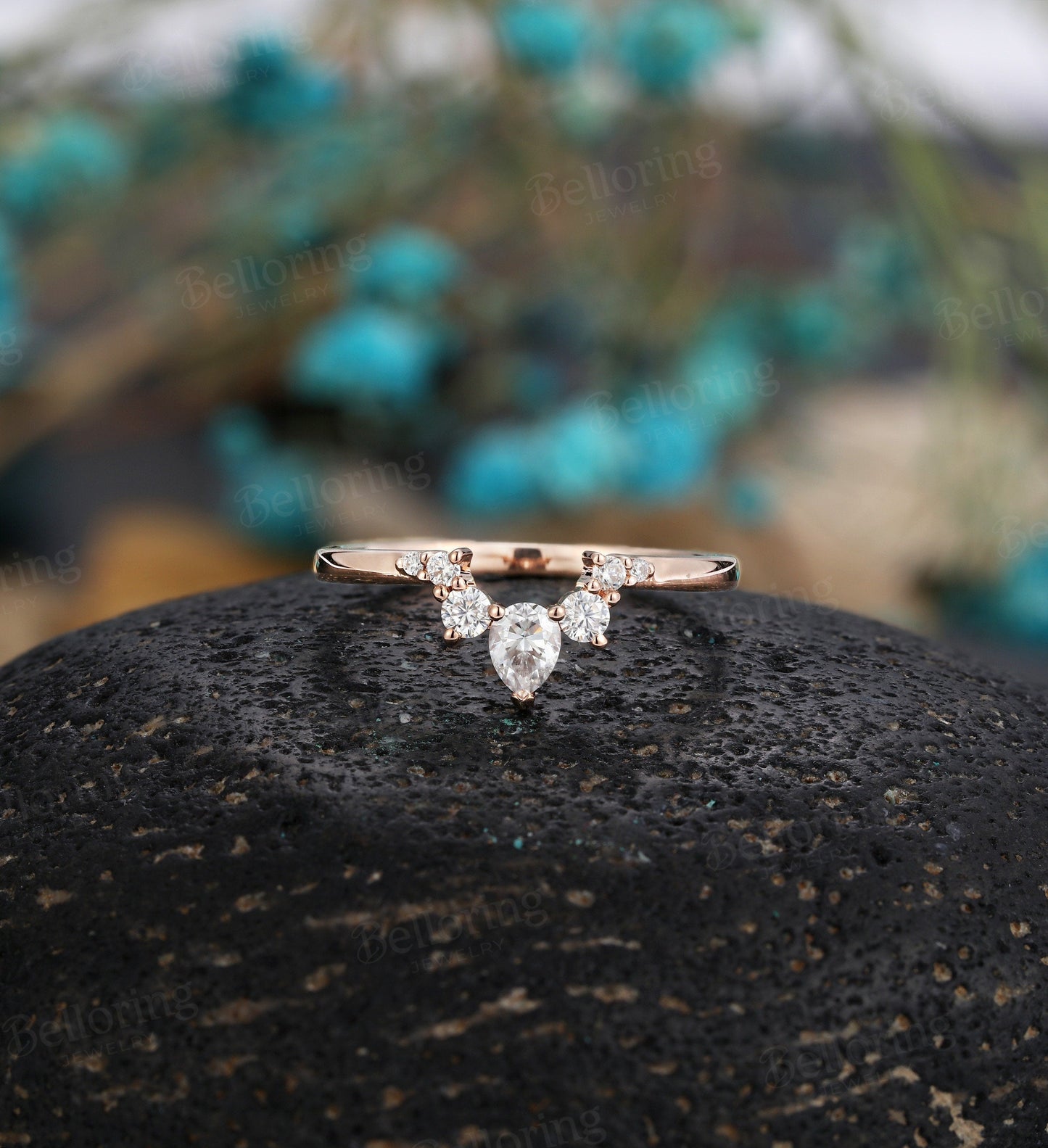 Moissanite/Diamond Curved wedding band art deco rose gold wedding ring Vintage pear cut Antique Solid 14K Matching Promise Anniversary ring