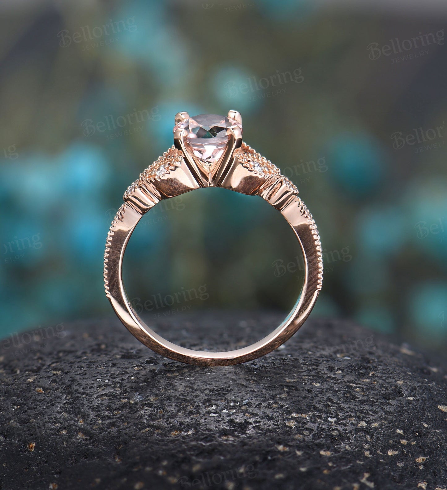 Morganite engagement ring  rose gold prong set vintage Moissanite milgrain Wedding  unique art deco Jewelry Anniversary wedding ring