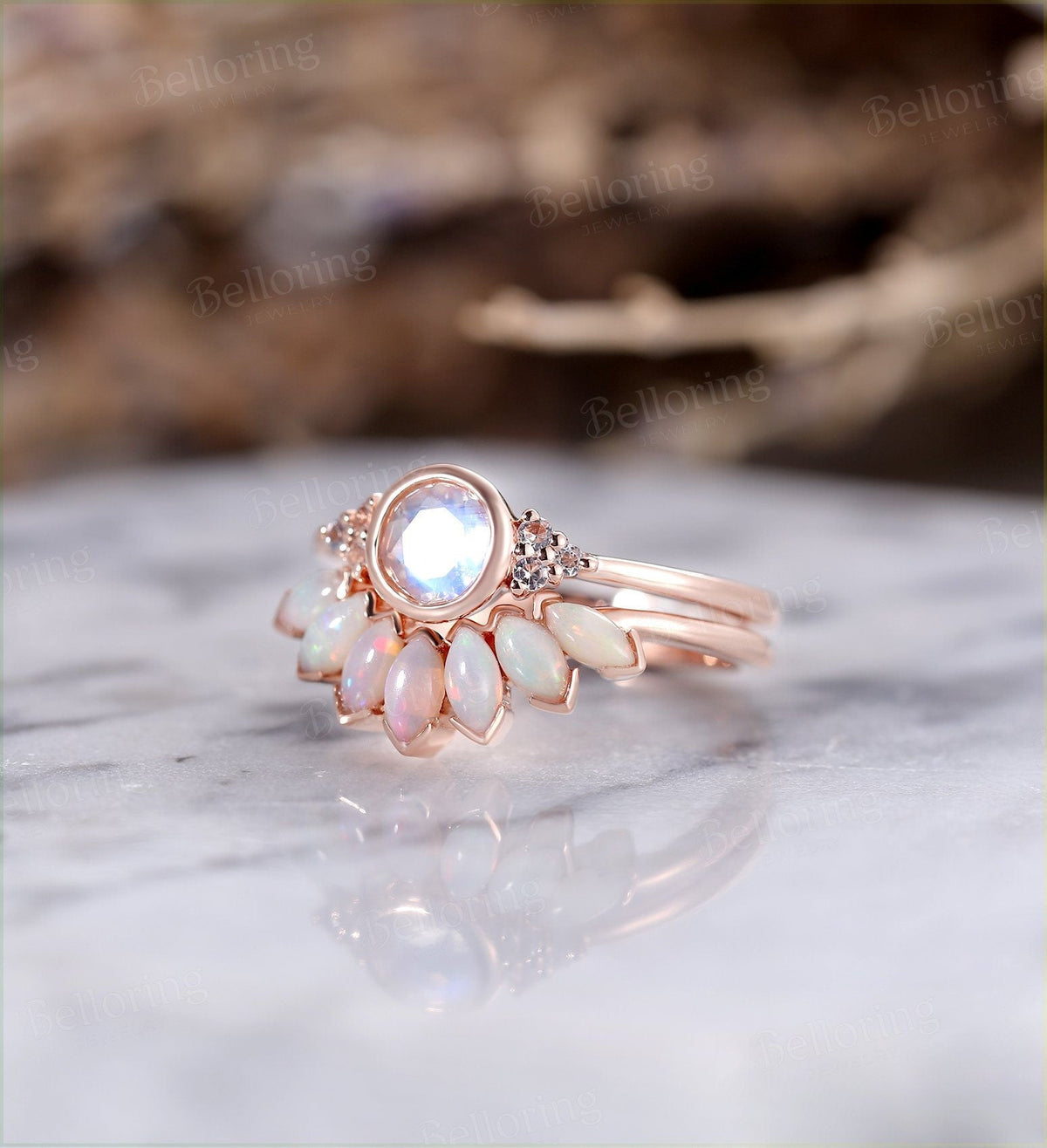 Moonstone engagement ring for , Marquise cut opal wedding band,Vintage rose gold wedding ring,Art deco Jewelry Anniversary wedding ring