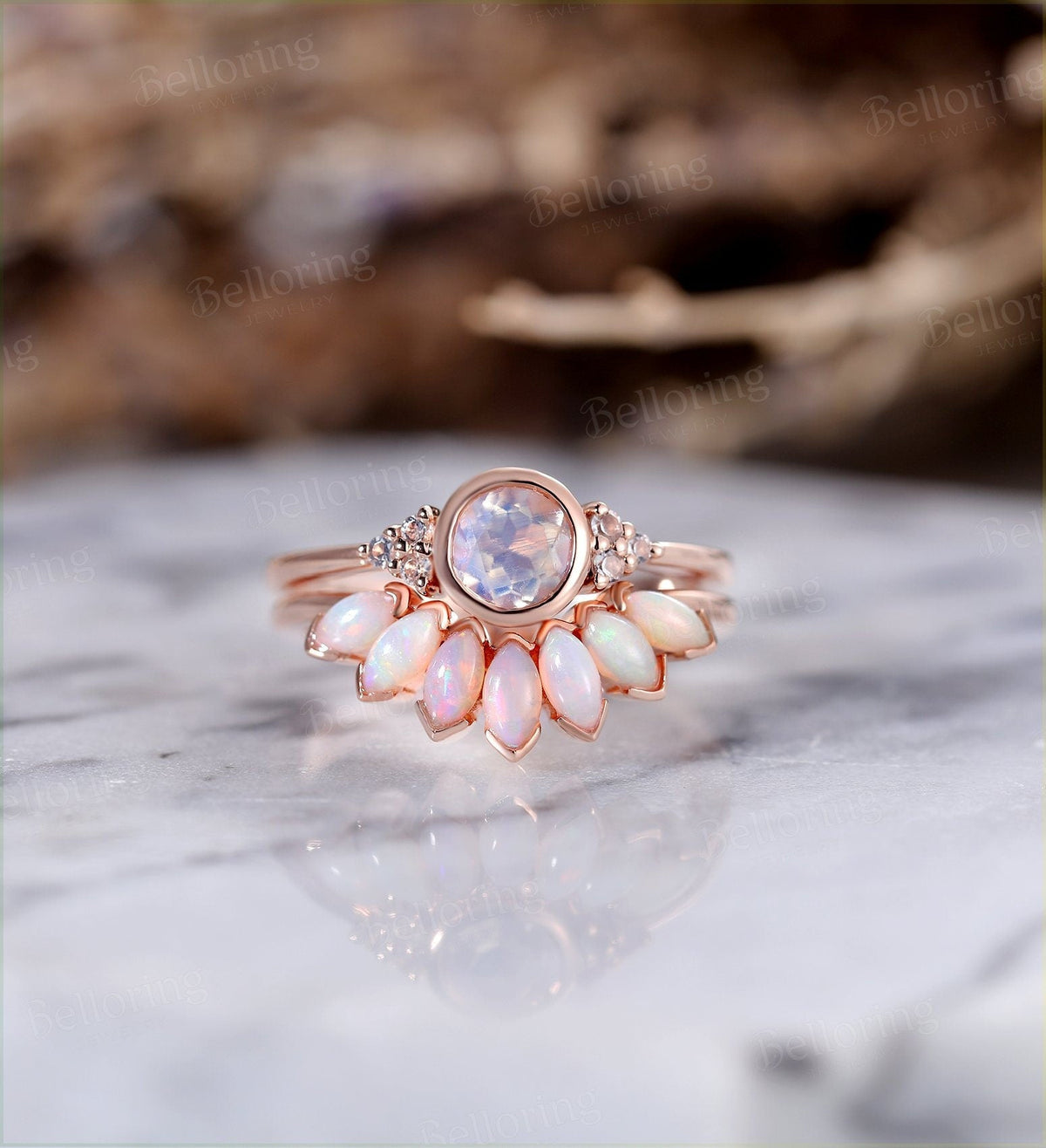 Moonstone engagement ring for , Marquise cut opal wedding band,Vintage rose gold wedding ring,Art deco Jewelry Anniversary wedding ring