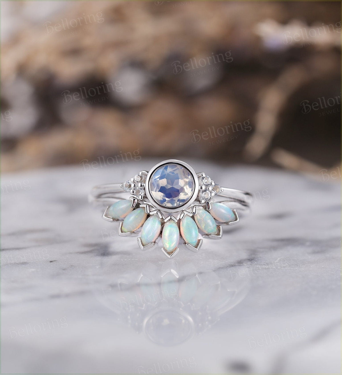 Moonstone engagement ring for , Marquise cut opal wedding band,Vintage rose gold wedding ring,Art deco Jewelry Anniversary wedding ring