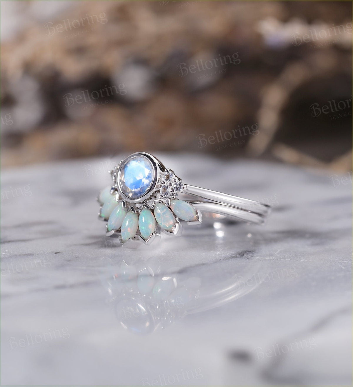 Moonstone engagement ring for , Marquise cut opal wedding band,Vintage rose gold wedding ring,Art deco Jewelry Anniversary wedding ring