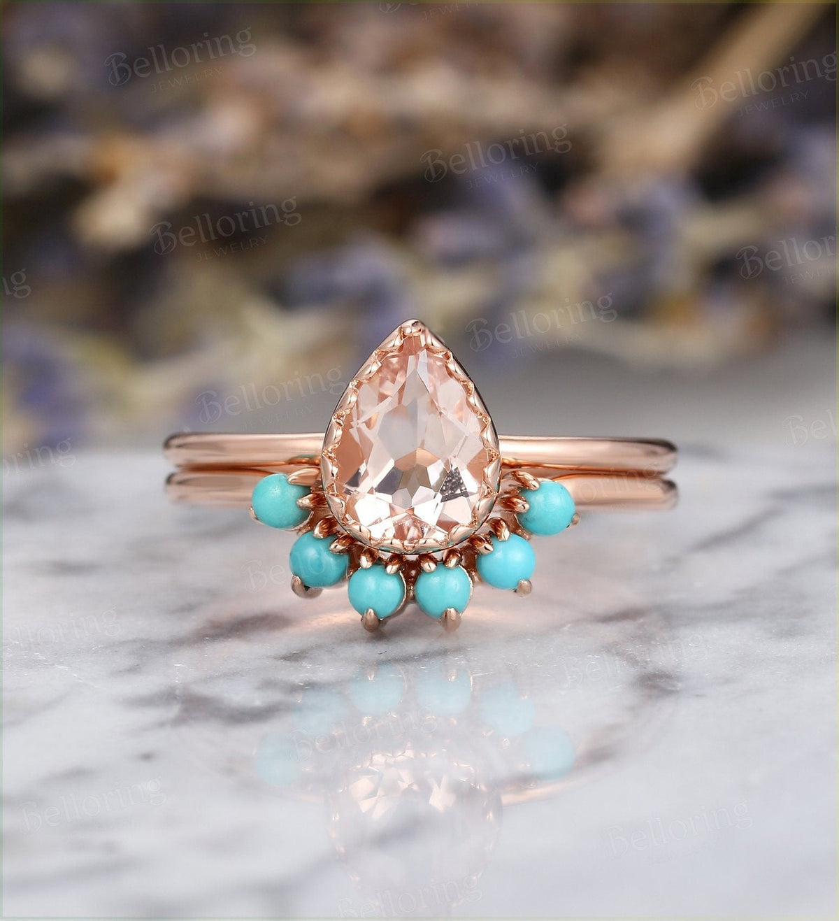 Morganite engagement ring set Rose gold pear cut vintage  turquoise curved Wedding band  antique Jewelry Anniversary wedding ring
