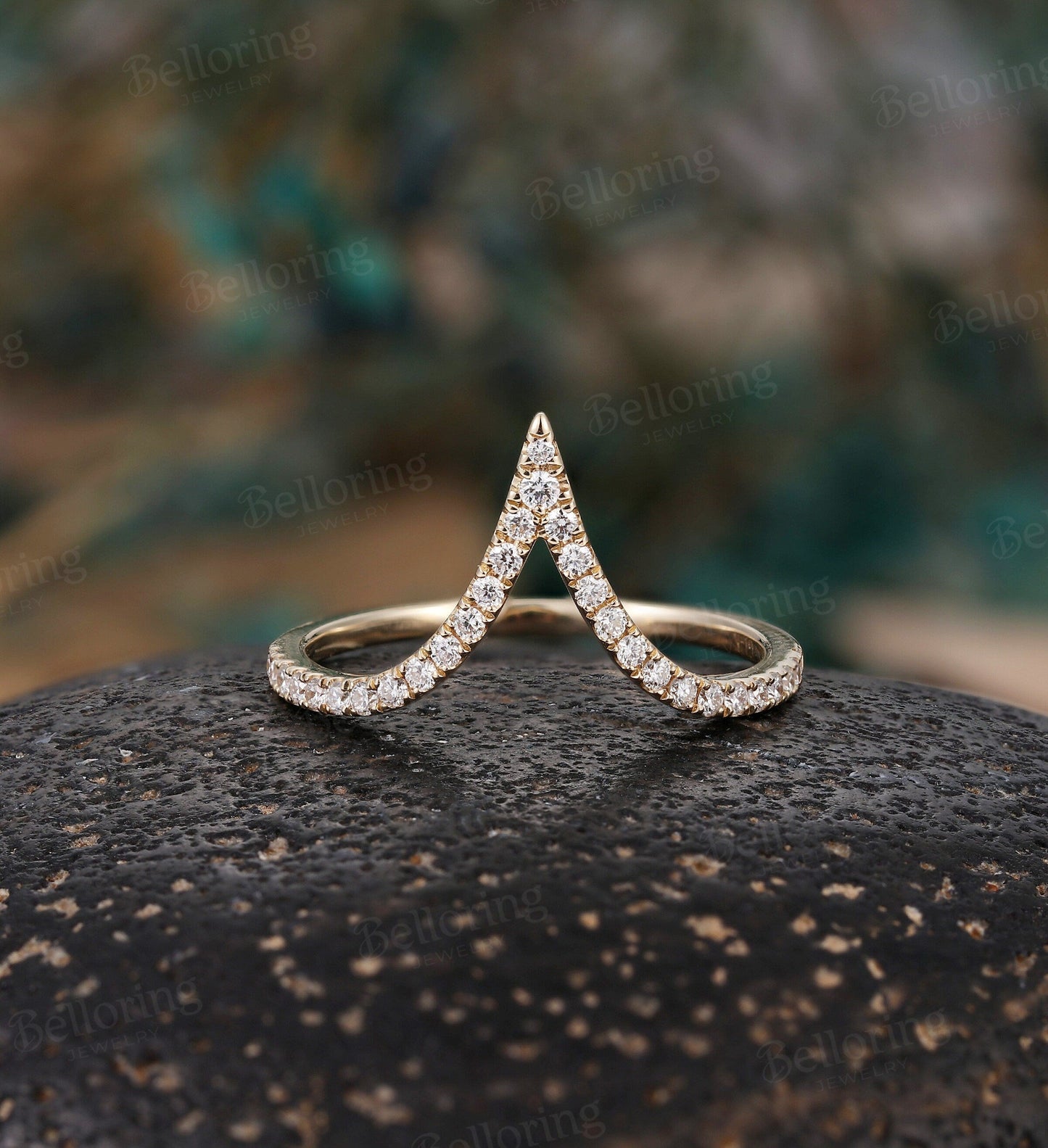 Diamond Curved wedding band Yellow gold ring Vintage Antique Solid gold round cut Matching band half eternity Promise Anniversary Gift